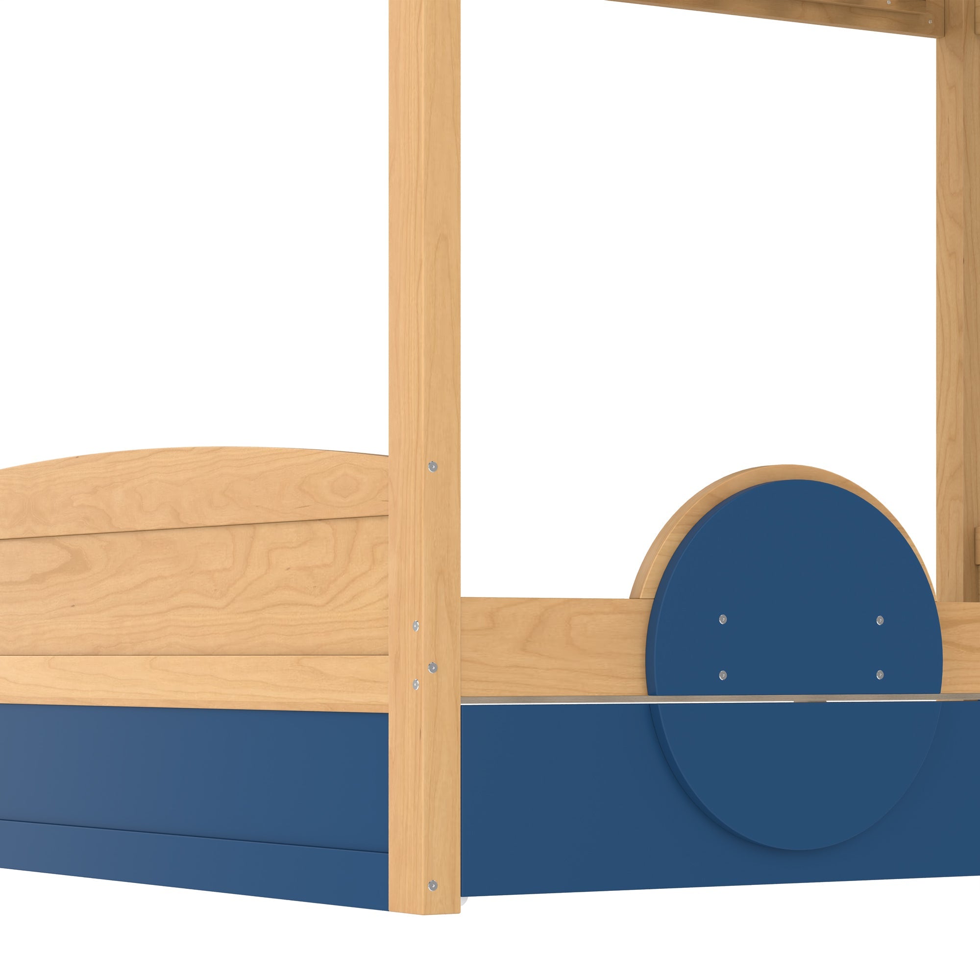 Full Bunk Bed with Trundle , Wood Bunk Bed Frame with Built-inBookshelf and High-quality Safety Guardrail,Automobile Form Design for Kids ,Blue＆Natural.