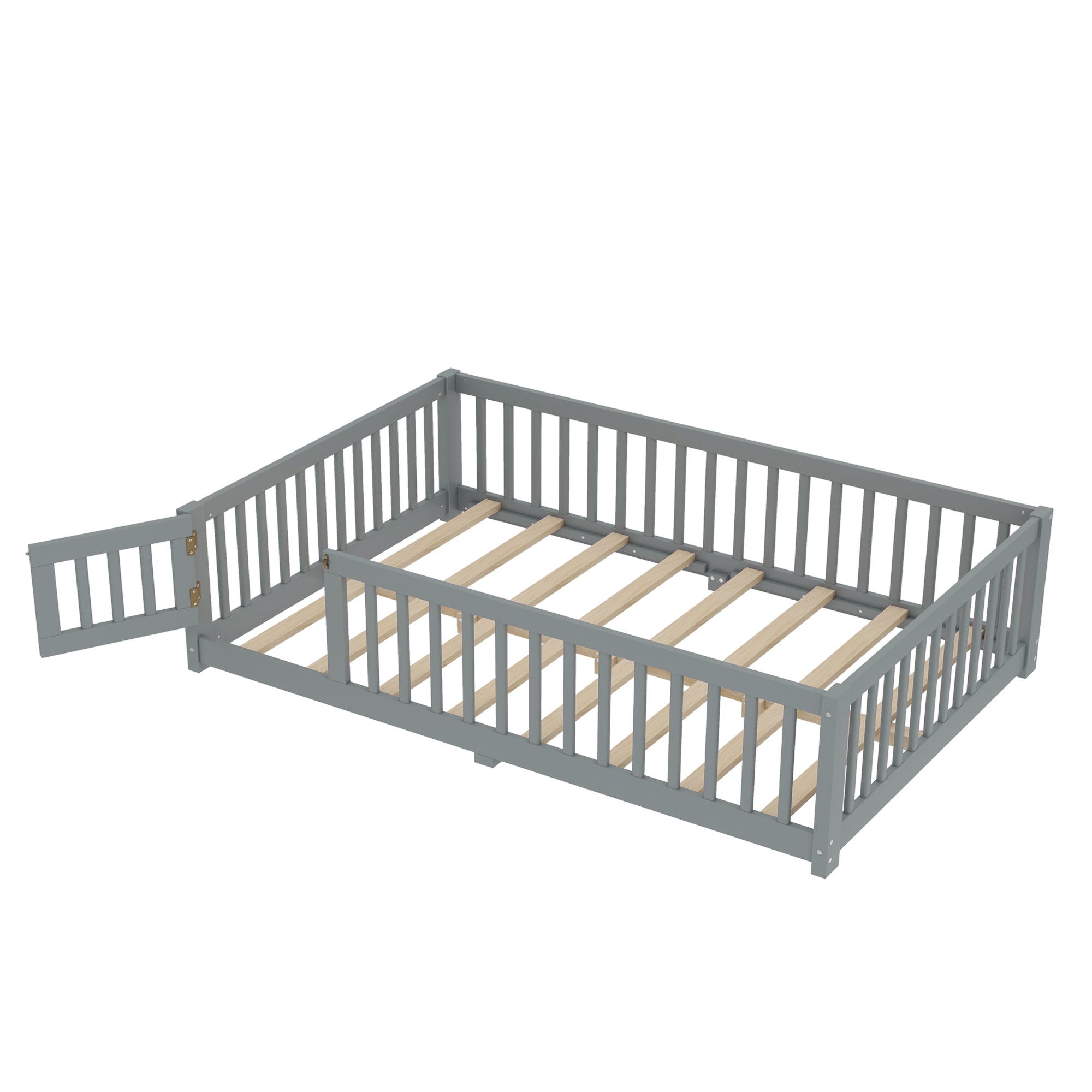 Full Size Bed Floor Bed with Safety Guardrails and Door for Kids, Gray(Old SKU: W1580P154626)
