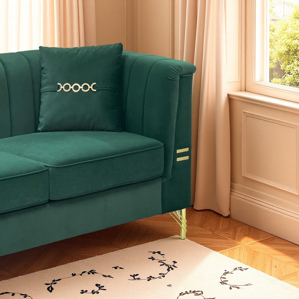 FX-P82-2PC SOFA -GR3  Green Velvet Sofa Set of 2, Two Modern 3-Seater Sofas with Plush Cushions & Gold-Tone Metal Legs  Stylish Living Room Couch Set for Homes, Apartments, and Guest Areas