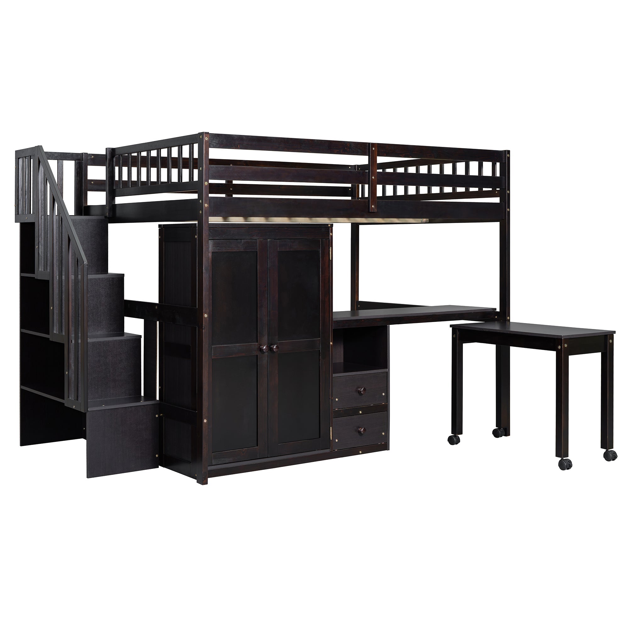Full Size Loft Bed with Stairs, Bookshelf, Drawers, Desk & Wardrobe – Space-Saving Multifunctional Furniture for Kids & Teens-Espresso