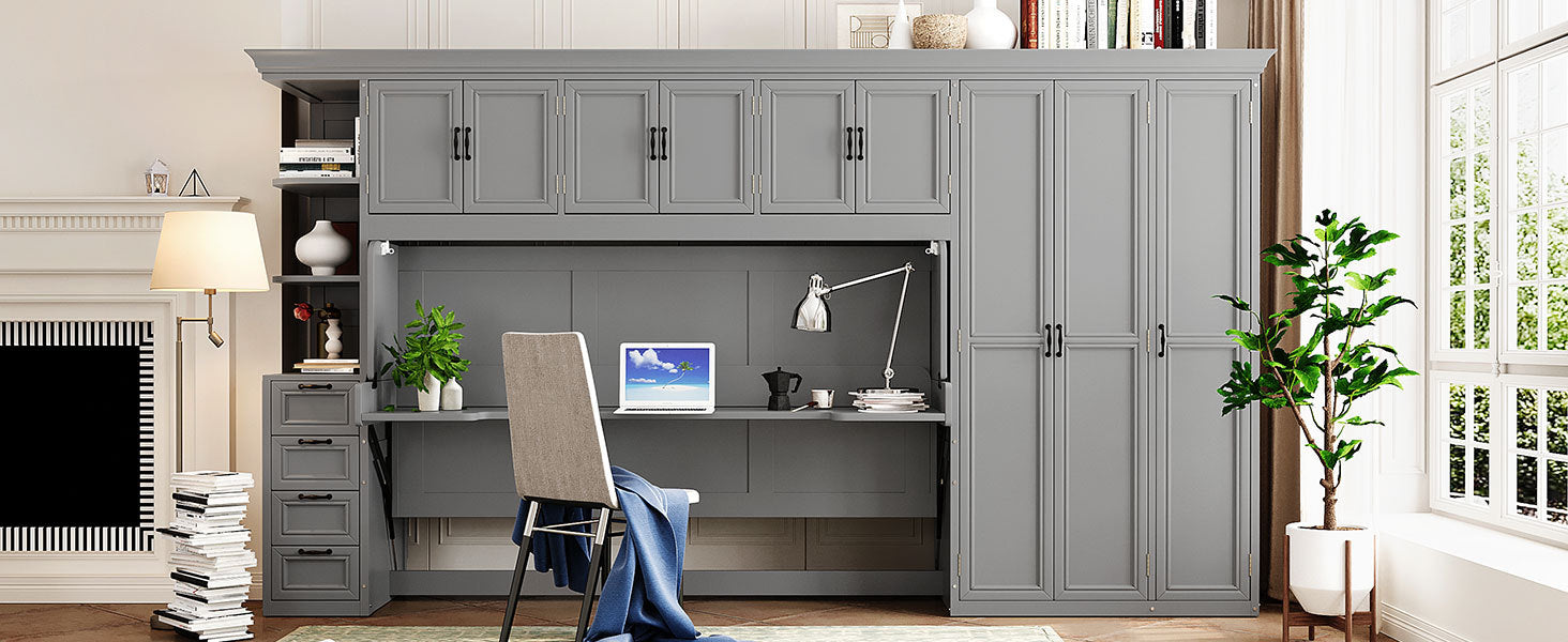 Twin Size Murphy Bed Wall Bed with Wardrobe, Cabinet and Desk, Gray