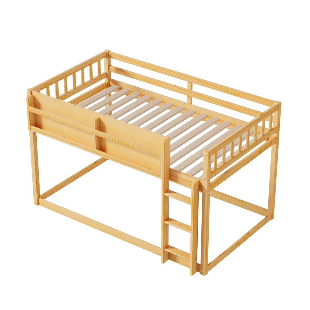 Low Twin Over Twin Bunk Bed, Floor Bunk Bed with Ladder, Solid Wood Twin Bunk Bed for Kids & Juniors, Natural(Expect Arrival Date 2025/11/25)