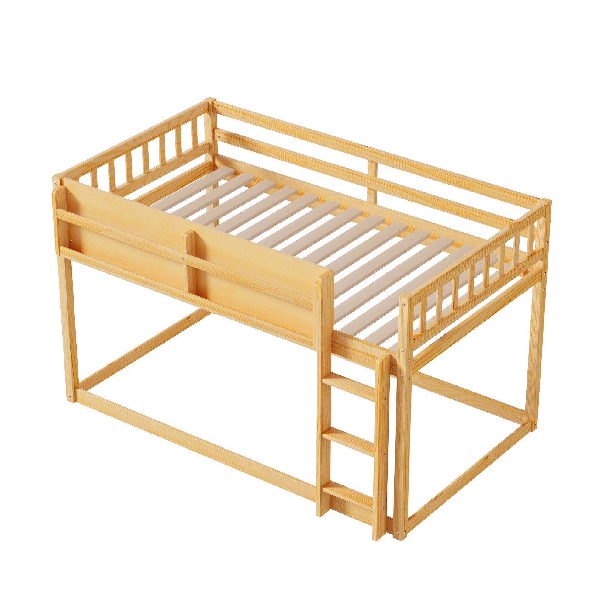 Low Twin Over Twin Bunk Bed, Floor Bunk Bed with Ladder, Solid Wood Twin Bunk Bed for Kids & Juniors, Natural(Expect Arrival Date 2025/11/25)