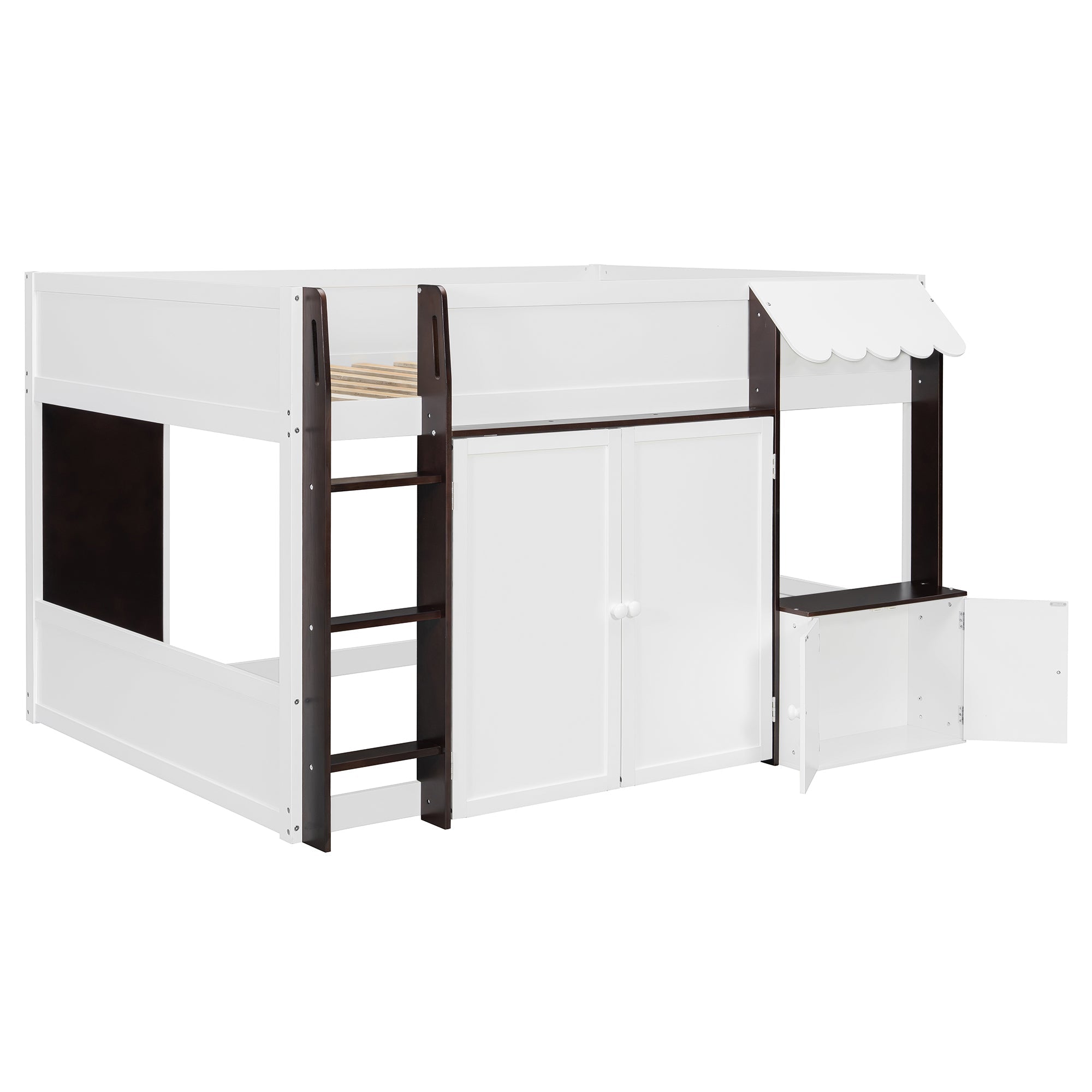 Full Loft House Bed with Playhouse & Storage, Modern Wood Cabin Bed for Kids/Teens, White+Espresso