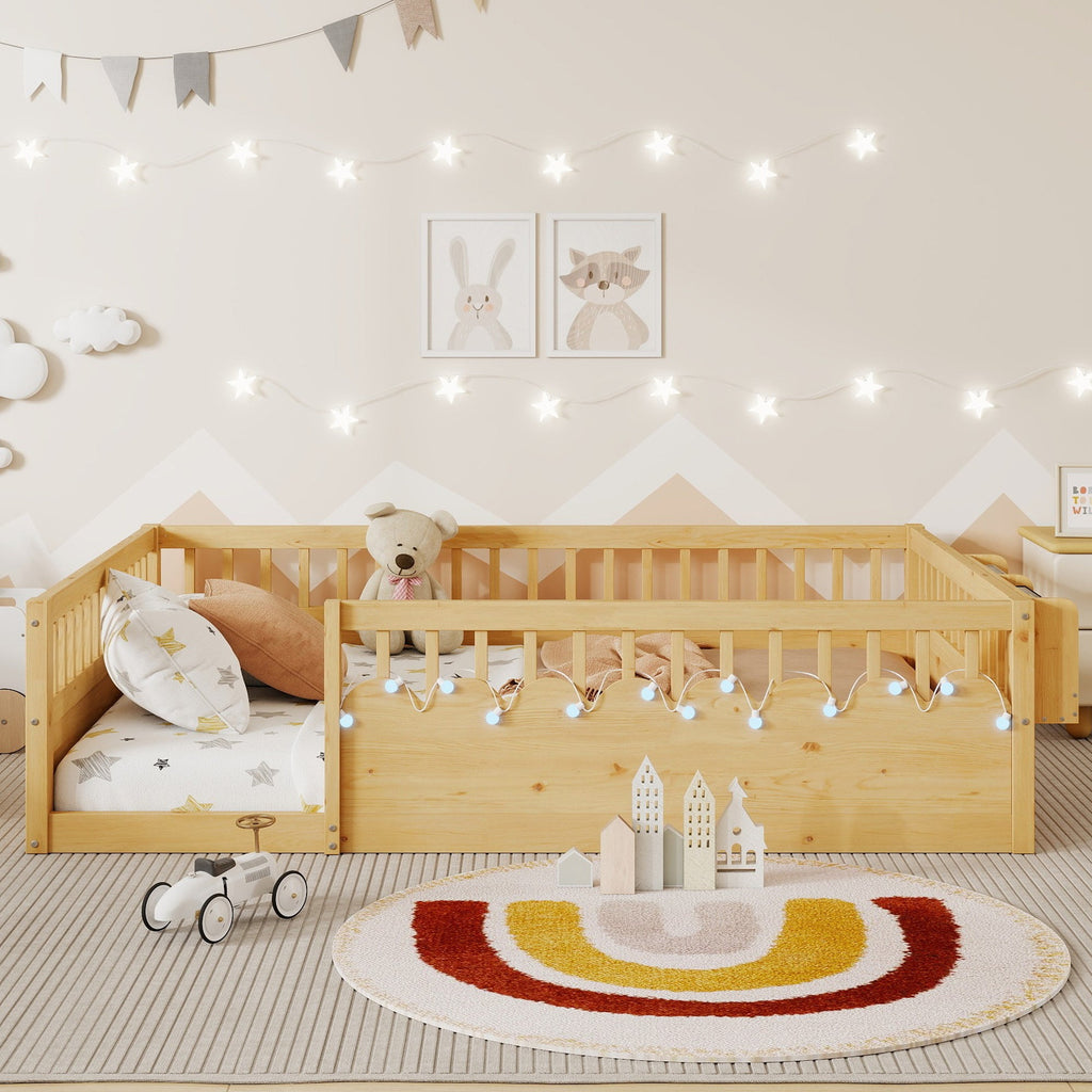 Full Montessori Floor Bed Frame with High Rails, Wood Kids Floor Beds with Light and Storage Shelf, Natural (Expect Arrival Date 2025/8/15)