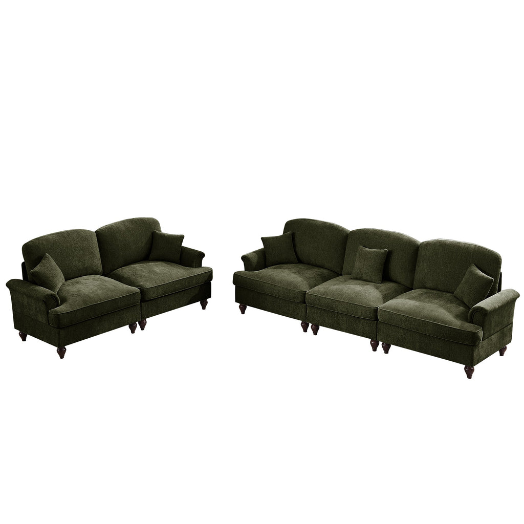 Classic 2 Piece Modular Couch Living Room Sofa Set with Flared Arms and Removable Ruffles Pleats Skirts and Spindle Legs, 3 Seater Sofa + 2-Seat Loveseat Sofa Sets for Living Room,Green