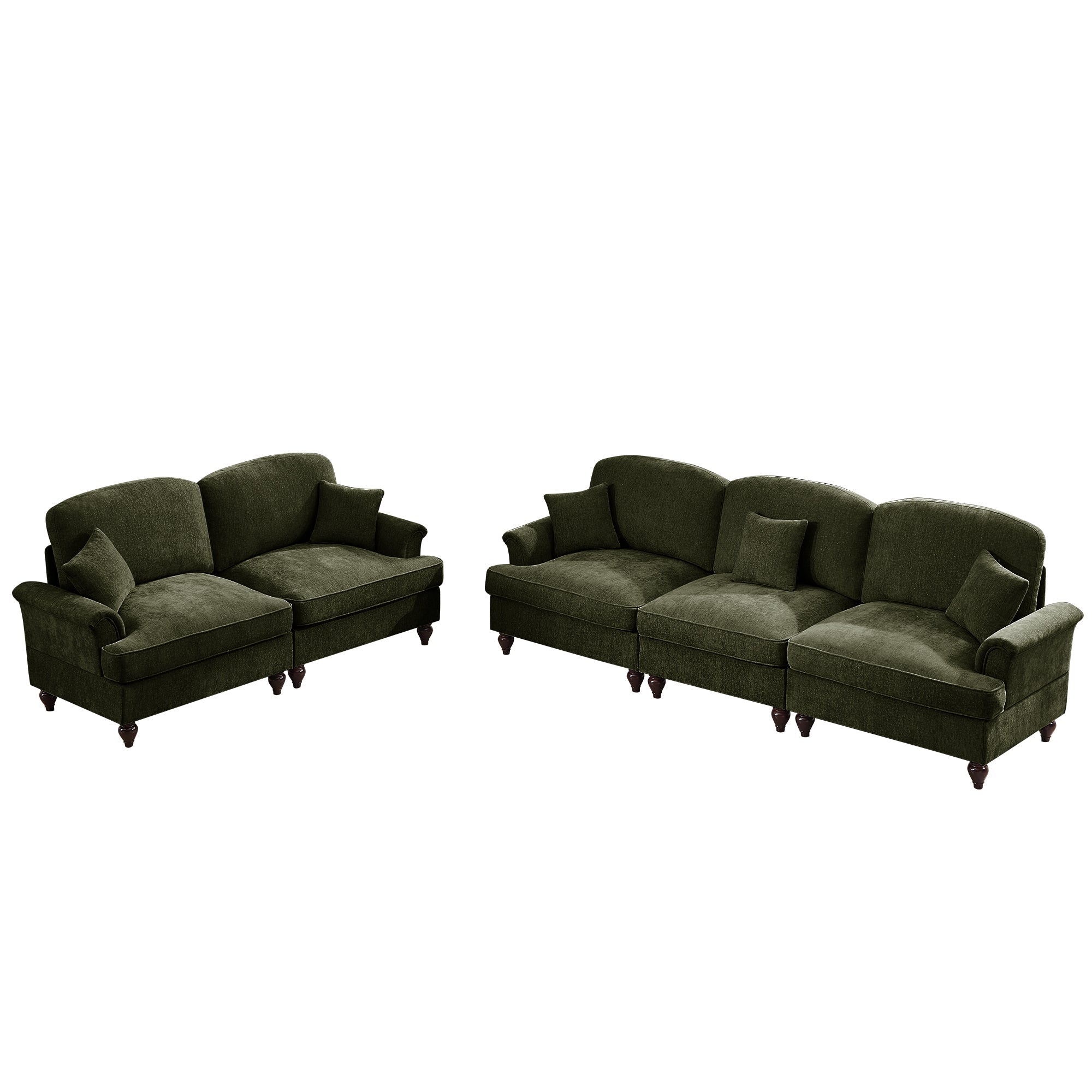 Classic 2 Piece Modular Couch Living Room Sofa Set with Flared Arms and Removable Ruffles Pleats Skirts and Spindle Legs, 3 Seater Sofa + 2-Seat Loveseat Sofa Sets for Living Room,Green