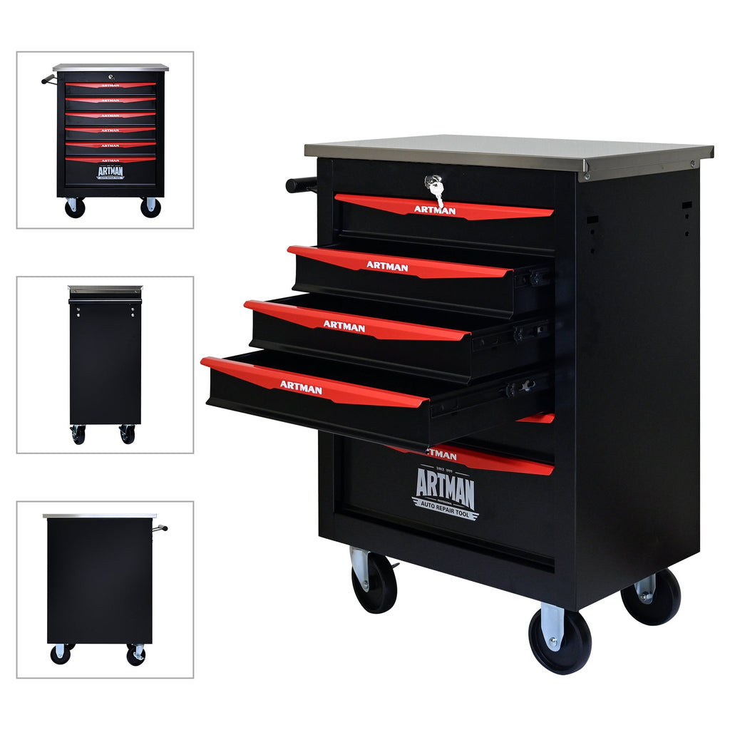 6-Drawer Multifunctional Tool Cart with Wheels, Metal Rolling Tool Cart Storage for Garage Workshop Warehouse Repair Shop - with Stainless Steel Roof - Black & Red