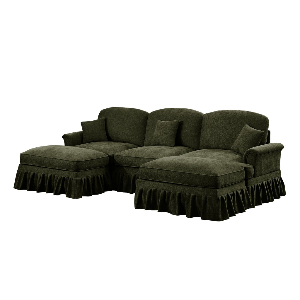 Classic Comfy Modular U Shape Sectional Sofa Couch with Flared Arms and Removable Ruffles Pleats Skirts and Spindle Legs, Upholstered Chenille Deep Seat Cloud Sofa with Movable Ottomans,Green