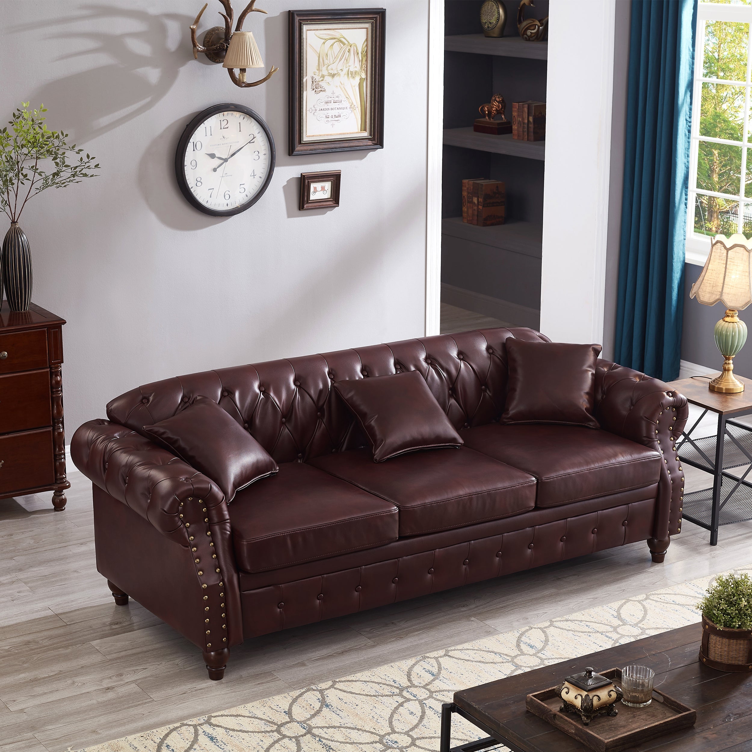 85.8' Living Room Chesterfield Sofa Classic Tufted Design Faux Leather PU Upholstered Sofa with Storage (Burgundy)