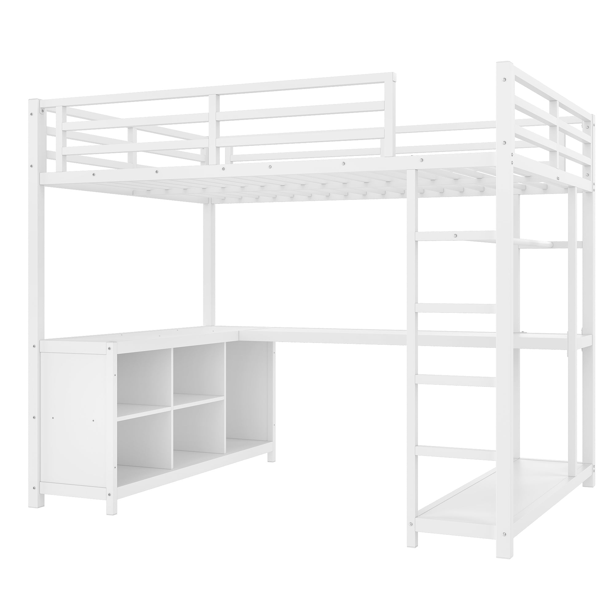 Metal Loft Bed with Wardrobe and L-shaped Desk, Full Size Loft Bed with Storage Cubes and Shelves, Loft Bed for Kids Teens Adults, White