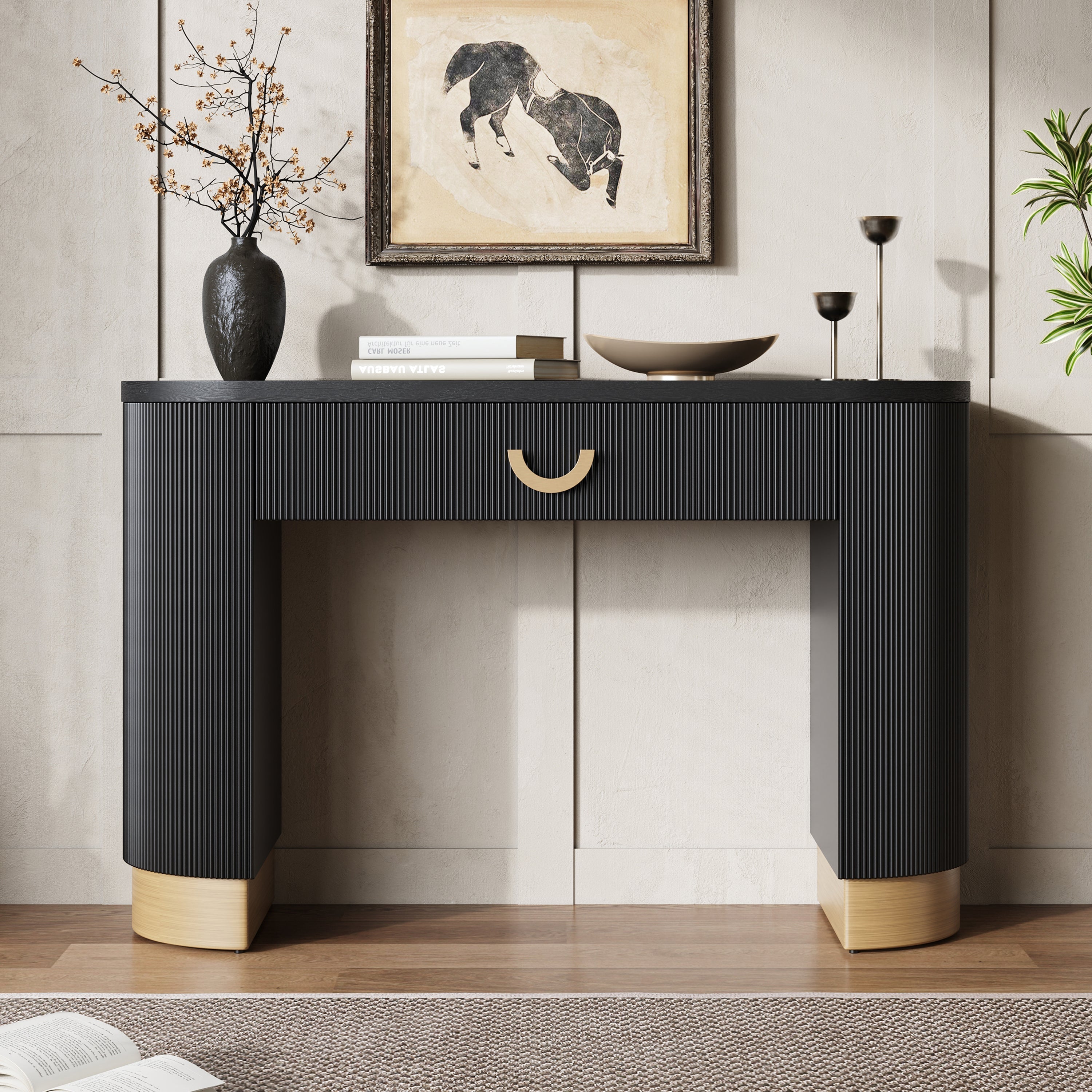 Mirod Modern Console Table with Vertical Ribbed Design, Compact Storage with Functional Drawer
