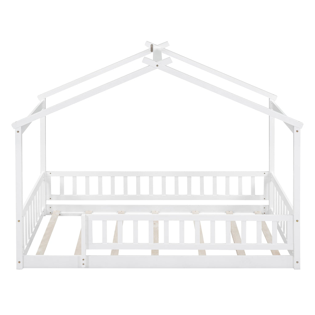 Twin Size Wood Bed House Bed Frame with Fence, for Kids, Teens, Girls, Boys,White