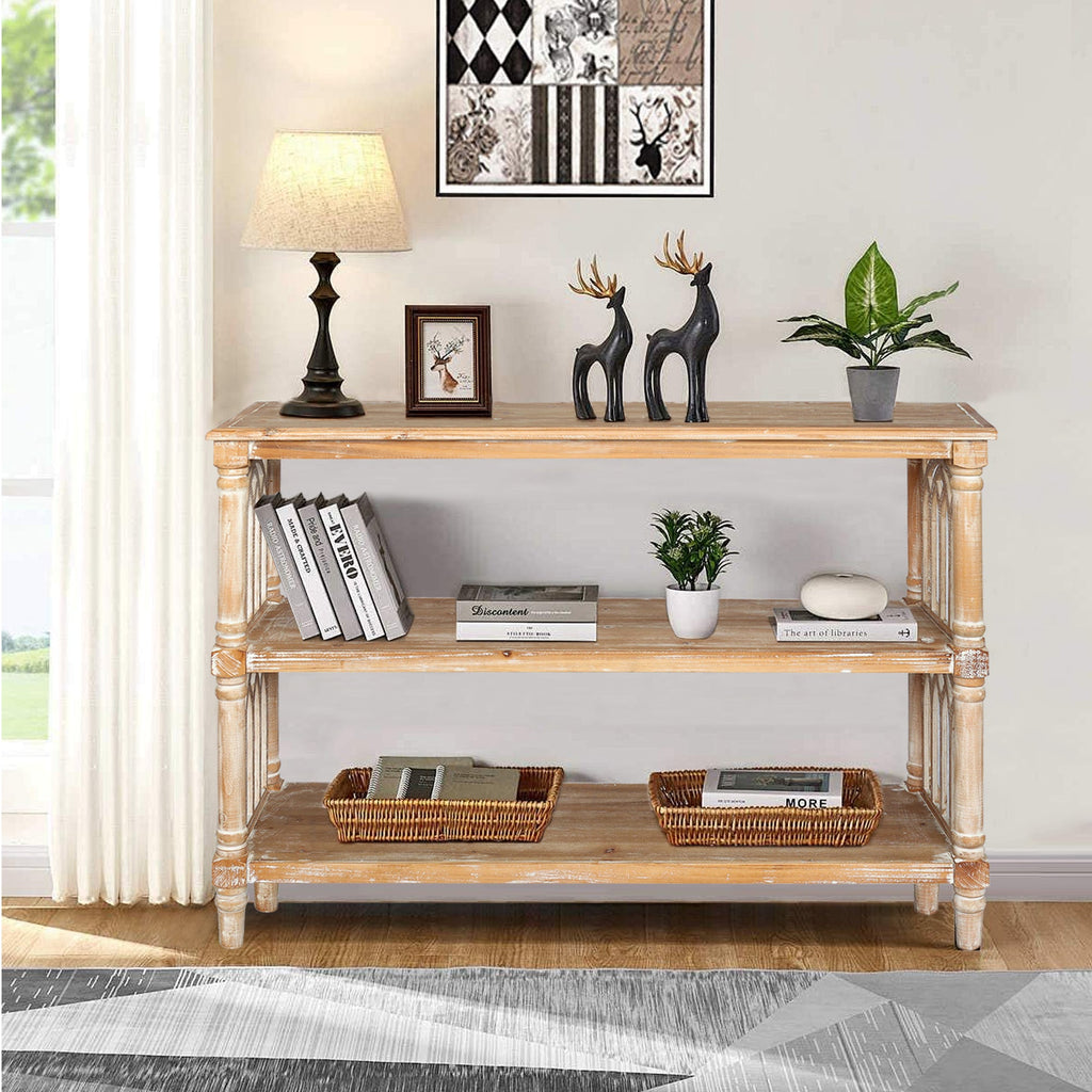Rustic 3 - Tier Console Table with Gothic - Inspired Details, 47.24' Long Wooden Entryway Table for Living Room and Hallway