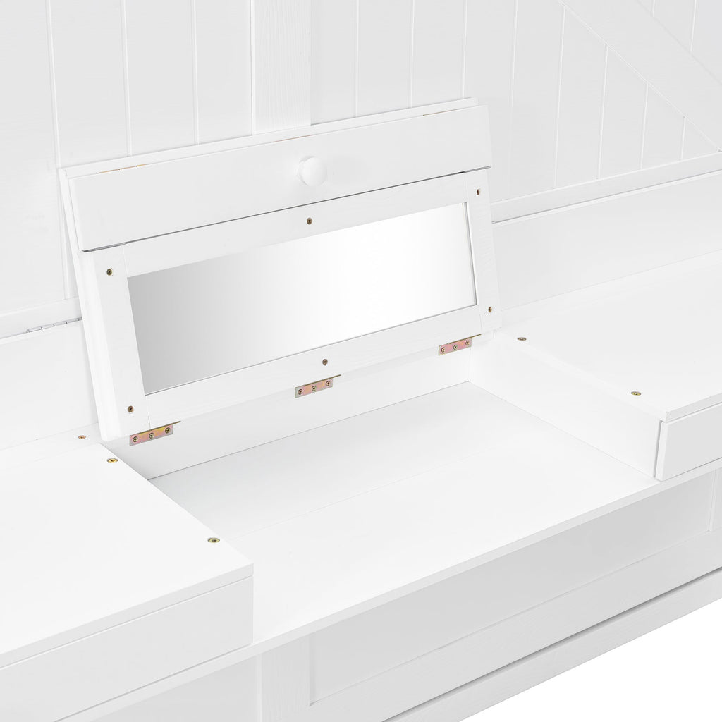 Queen Size Wall Murphy Bed with Storage, Foldable Cabinet Bed with Vanity Desk, Center Mirror & 2 Side Drawers, White