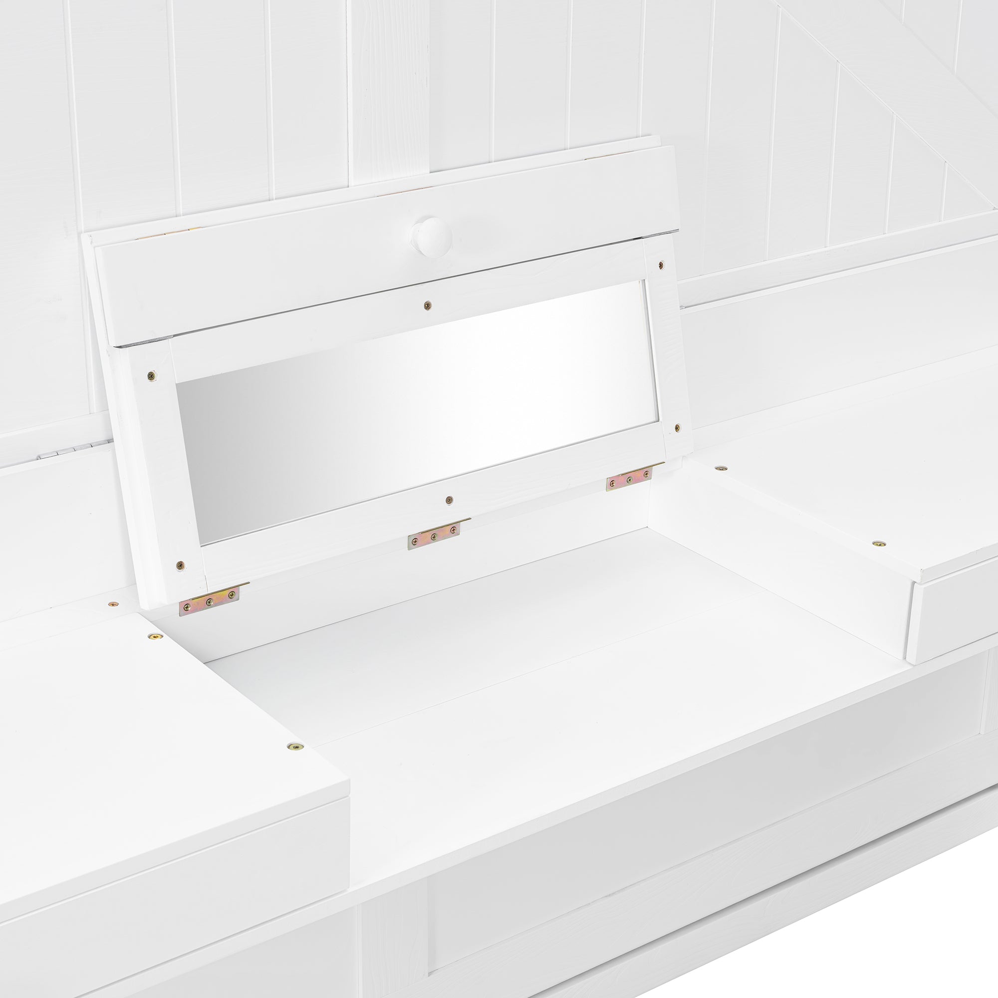 Queen Size Wall Murphy Bed with Storage, Foldable Cabinet Bed with Vanity Desk, Center Mirror & 2 Side Drawers, White