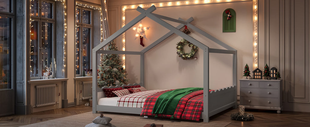 Queen House Floor Bed with Support Slats, Solid Wood House Bed Frame for Kids, No Box Spring Needed and Opening Constructure, Gray