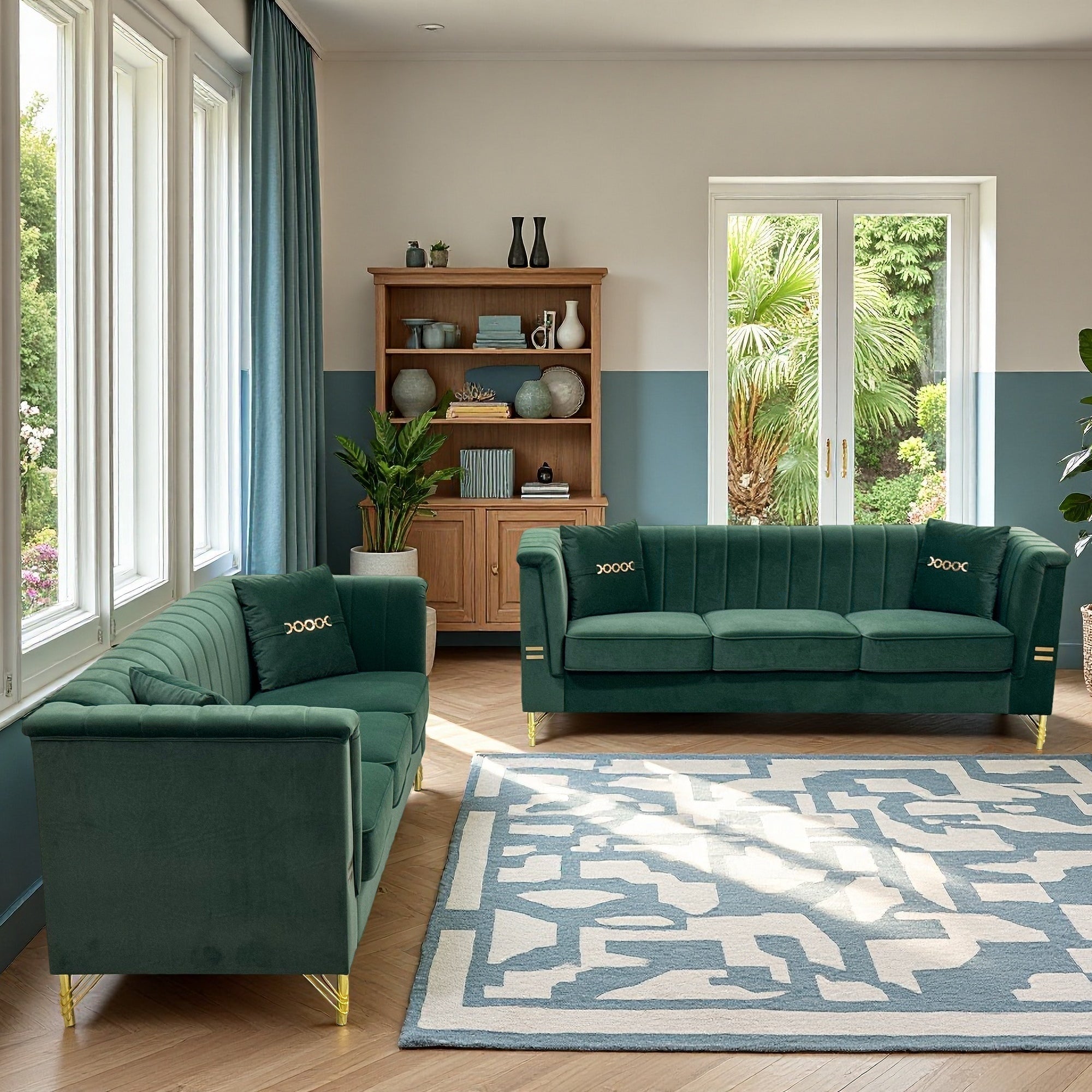 FX-P82-2PC SOFA -GR3  Green Velvet Sofa Set of 2, Two Modern 3-Seater Sofas with Plush Cushions & Gold-Tone Metal Legs  Stylish Living Room Couch Set for Homes, Apartments, and Guest Areas