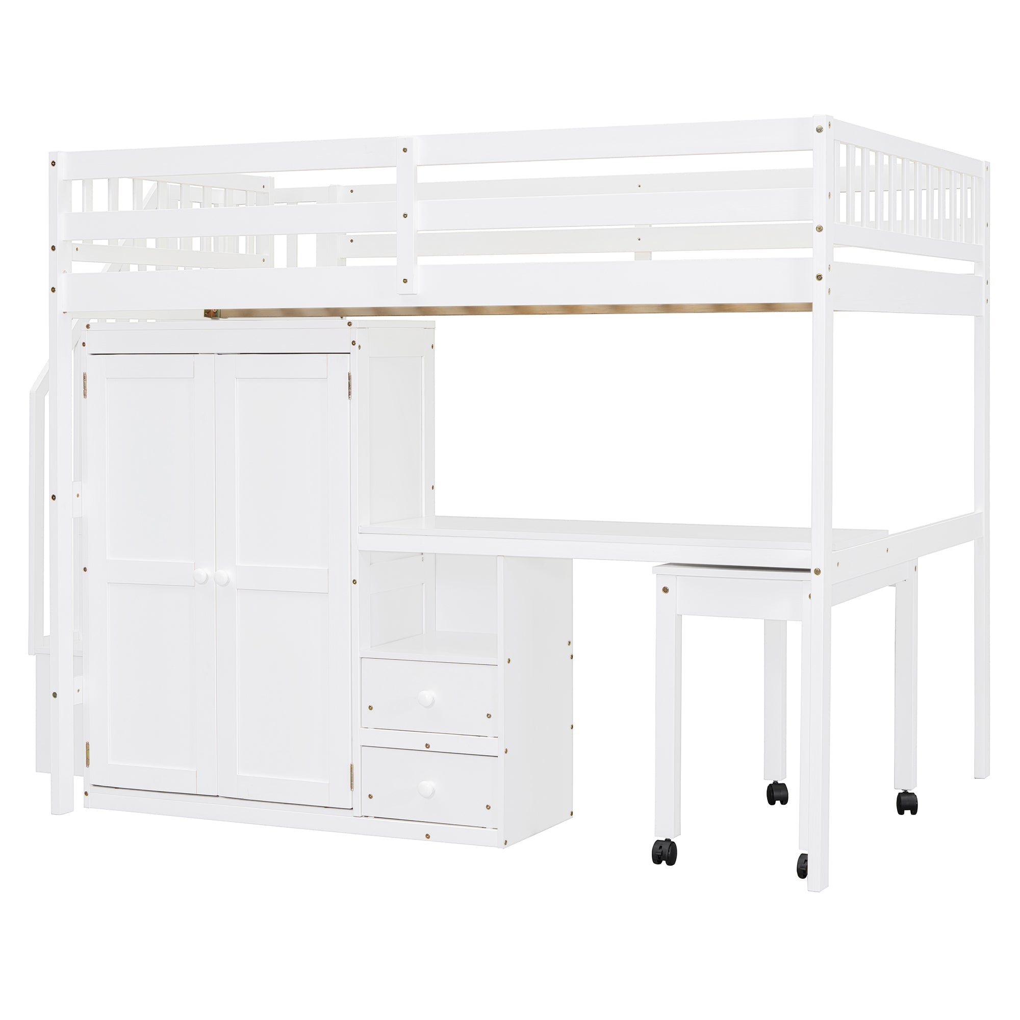 Full Size Loft Bed with Stairs, Bookshelf, Drawers, Desk & Wardrobe – Space-Saving Multifunctional Furniture for Kids & Teens-White