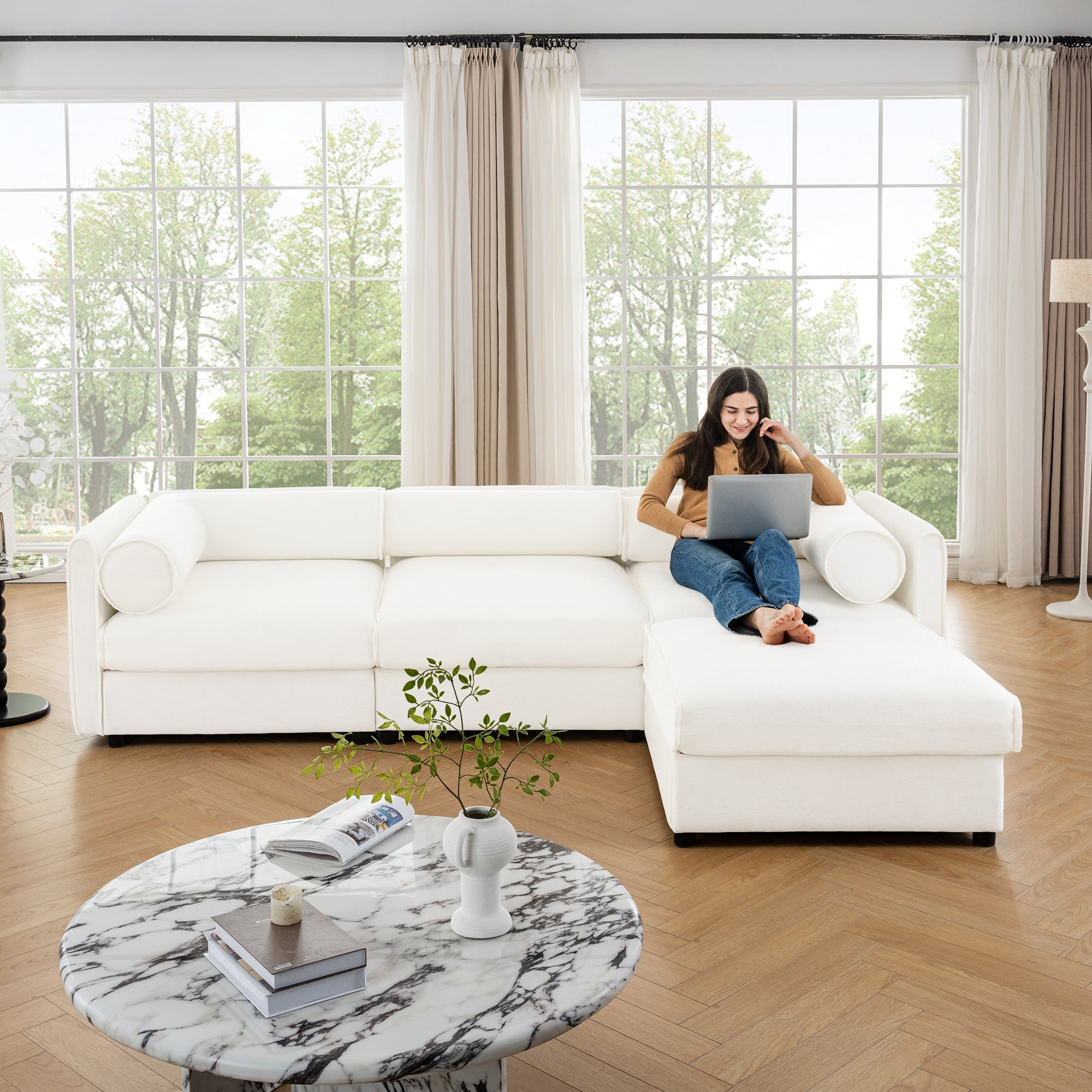 Elegant White Chenille  Sofa with Storage Seat and Ottoman, L-Shaped 3-Seater Cylindrical Backrest and Armrests, Contemporary 3-Seater Fabric Couch with Hidden Storage Compartment