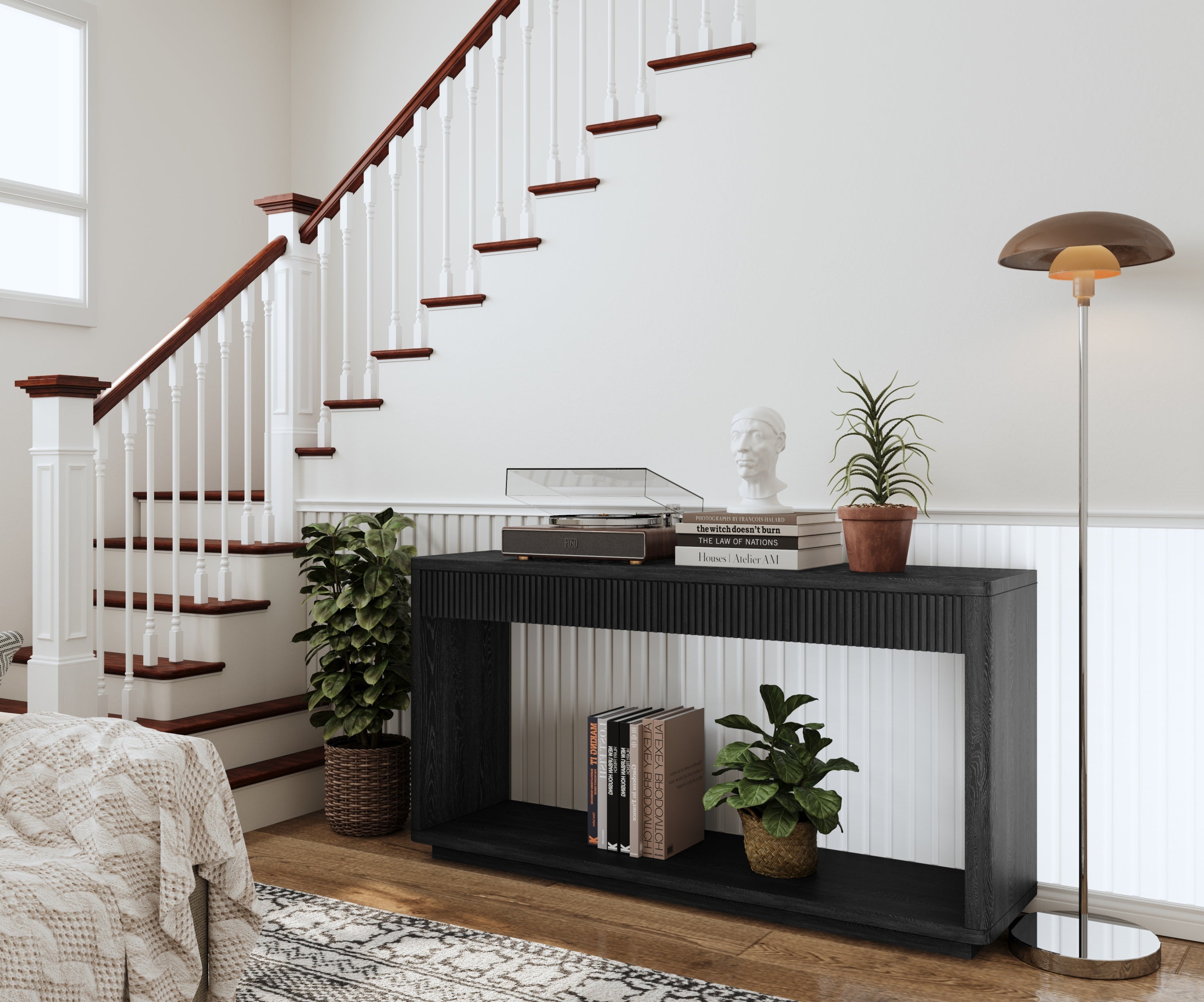 60' Modern 2-Drawer Fluted Console Table Natural Wood Veneer Sofa Table Behind Couch Table for Living Room, Hallway, Entryway, Home Office, Black