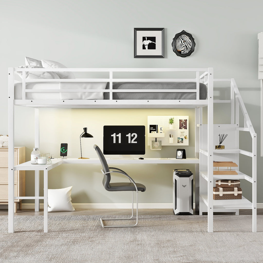 Queen Size Loft Bed with L-shaped Desk and USB, Metal Loft Bed with Wardrobe and Adjustable Shelf, High Loft Bed with LED for Kids Teens Adults, White