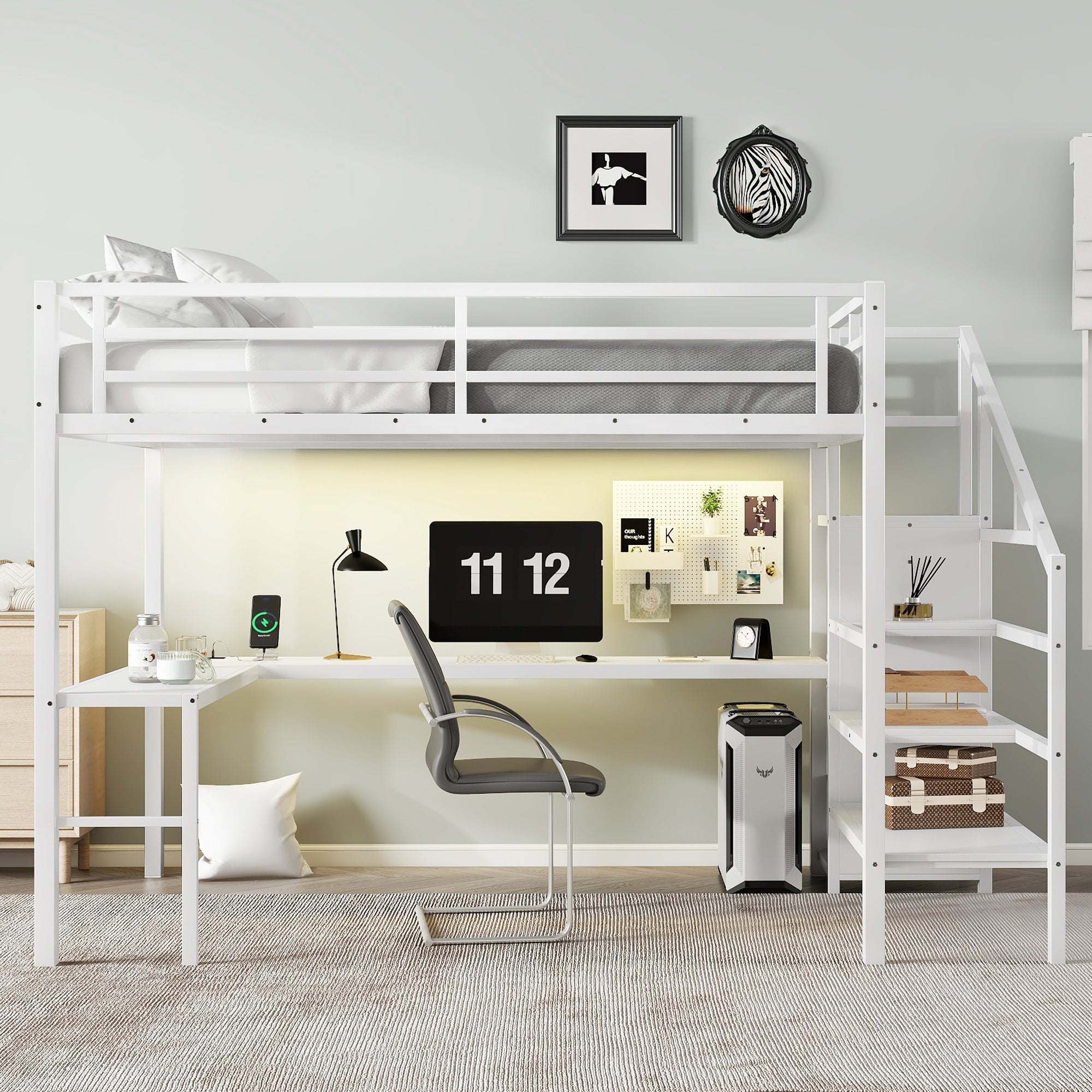 Queen Size Loft Bed with L-shaped Desk and USB, Metal Loft Bed with Wardrobe and Adjustable Shelf, High Loft Bed with LED for Kids Teens Adults, White