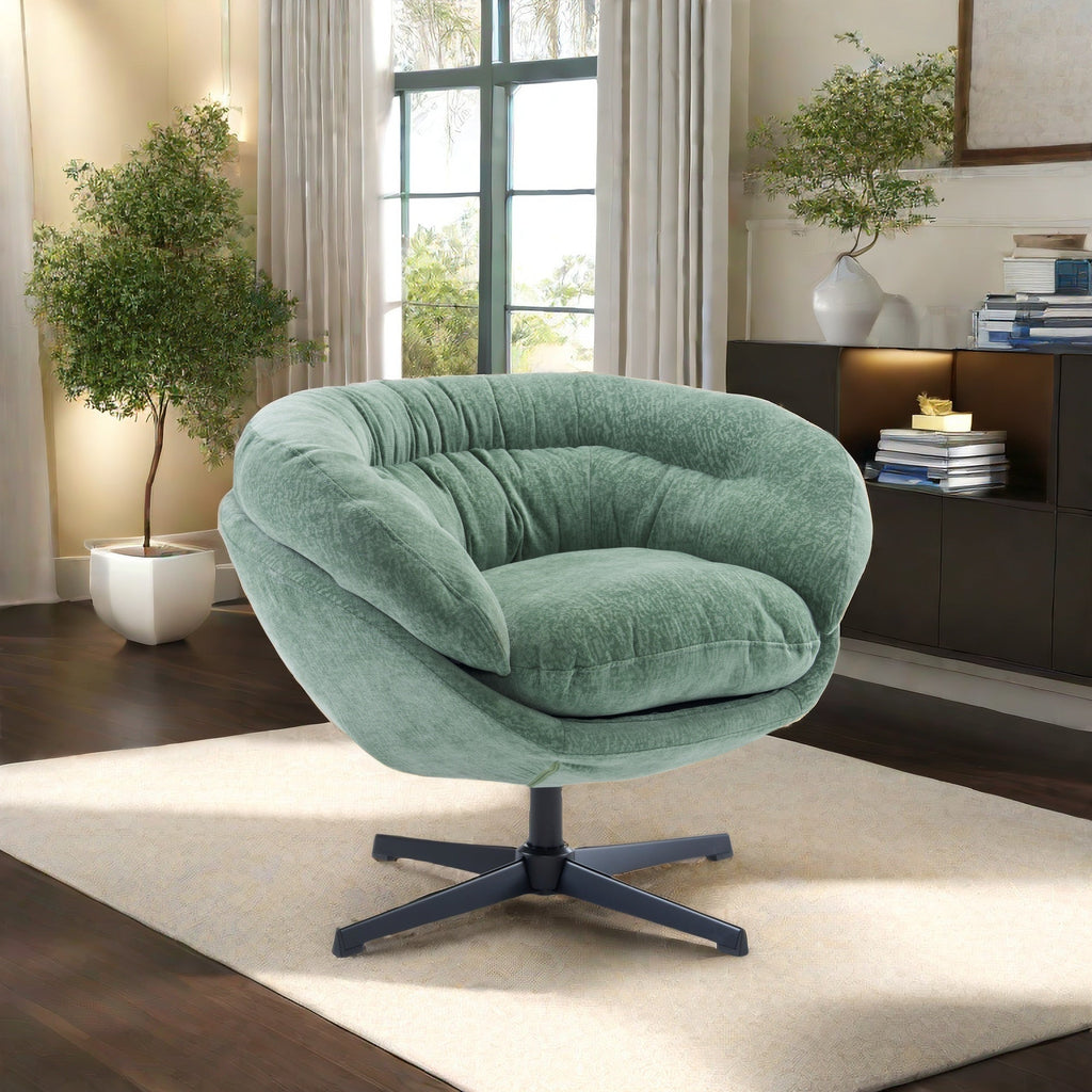 Modern Chenille Office Chair, 360° Swivel Club Chair/Accent Chair with Removable Cushion, Round Office Chair, Black Metal Base, Cotton Material, Living Room, Bedroom, Reading Corner, Office (Green)