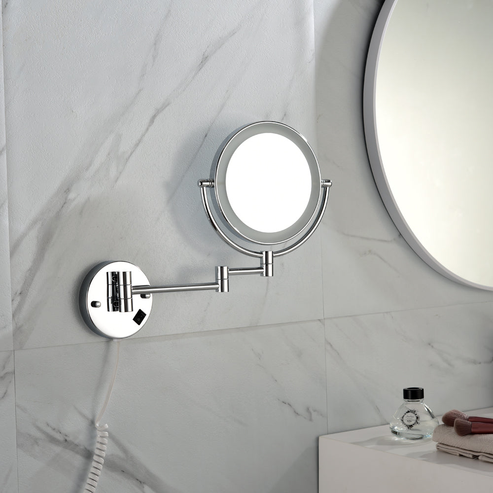 8 Inch LED Wall Mount Two-Sided Magnifying Makeup Vanity Mirror 12 Inch Extension Chrome Finish 1X/3X Magnification Plug 360 Degree Rotation Waterproof Button Shaving Mirror