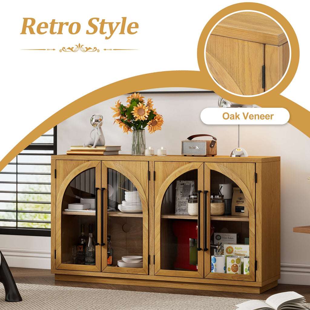 TREXM 4-Door Large Storage Sideboard Buffet Cabinet with Glass Doors, Arched Cabinet with Adjustable Shelves for Kitchen, Dining Room and Living Room (Natural Wood)