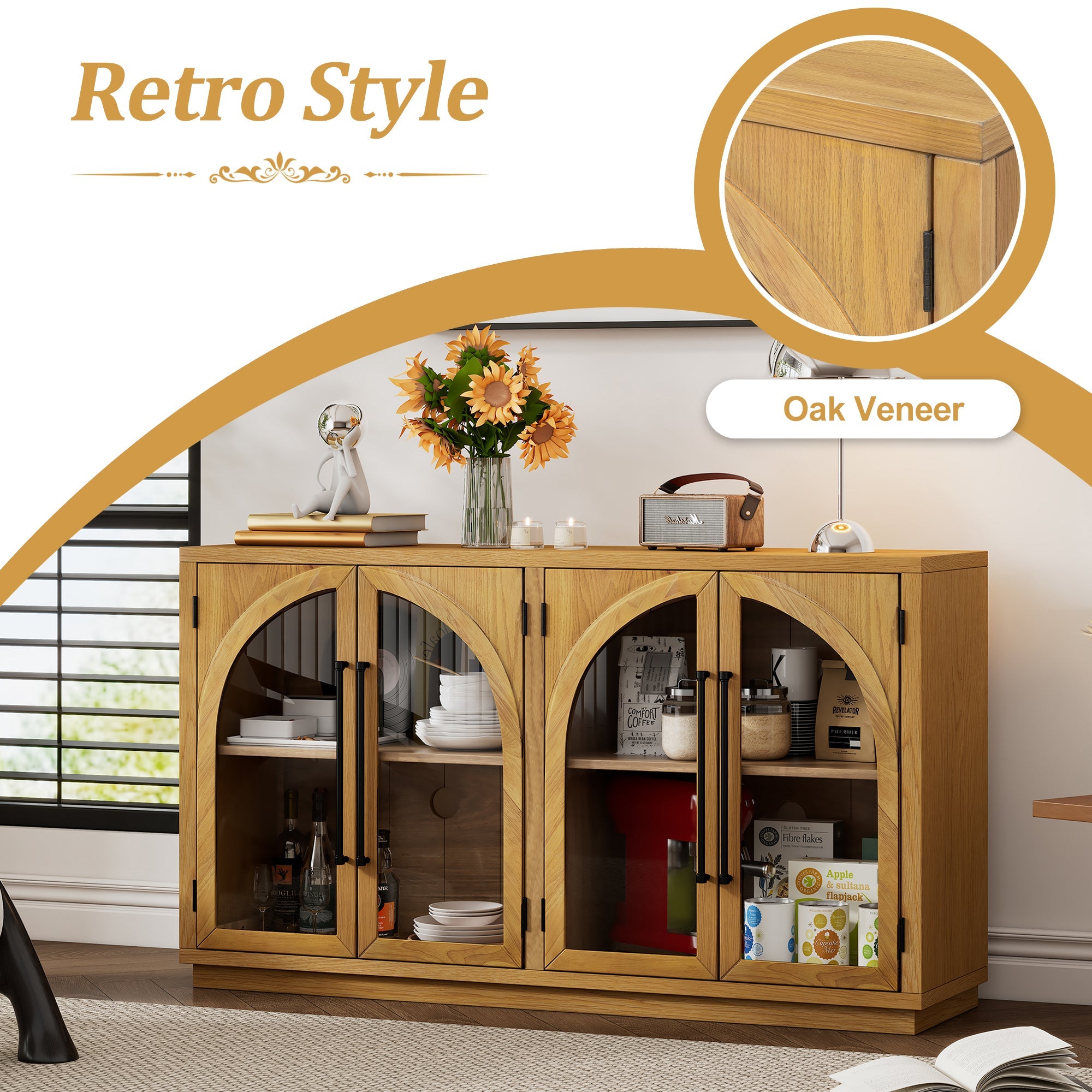 TREXM 4-Door Large Storage Sideboard Buffet Cabinet with Glass Doors, Arched Cabinet with Adjustable Shelves for Kitchen, Dining Room and Living Room (Natural Wood)