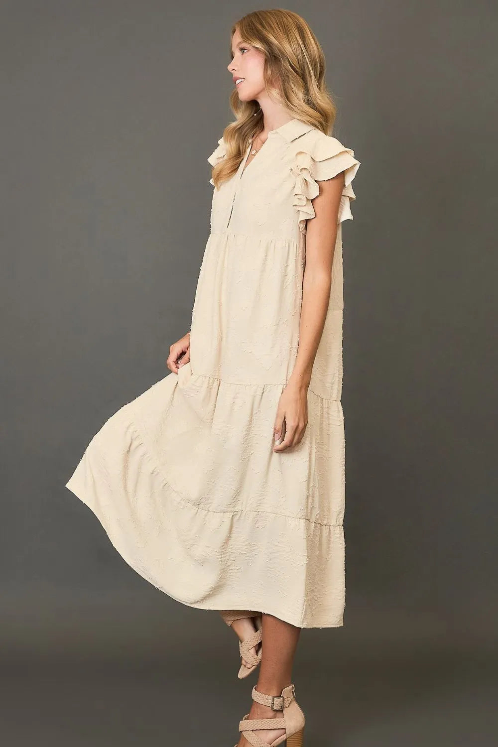 Umgee Full Size Tiered Floral Burnout Ruffle Sleeve Midi Dress Plus Size