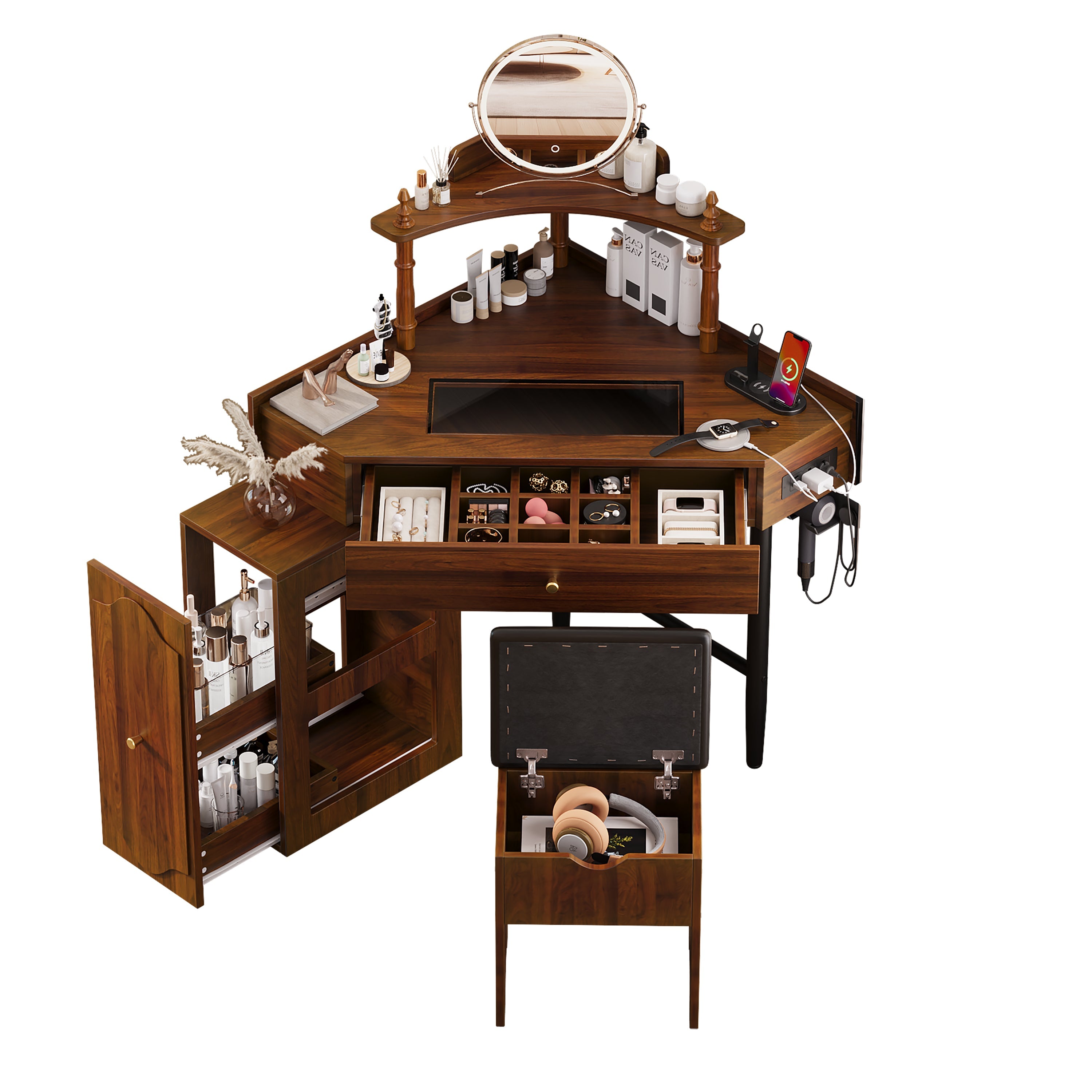 Corner Vanity Desk Set with Storage Cushioned Stool and Charging Station, Triangle Makeup Desk with Removable Pull-Out Side Cabinet, Glass Tabletop Makeup Vanity Desk with Drawer and Shelf, Walnut