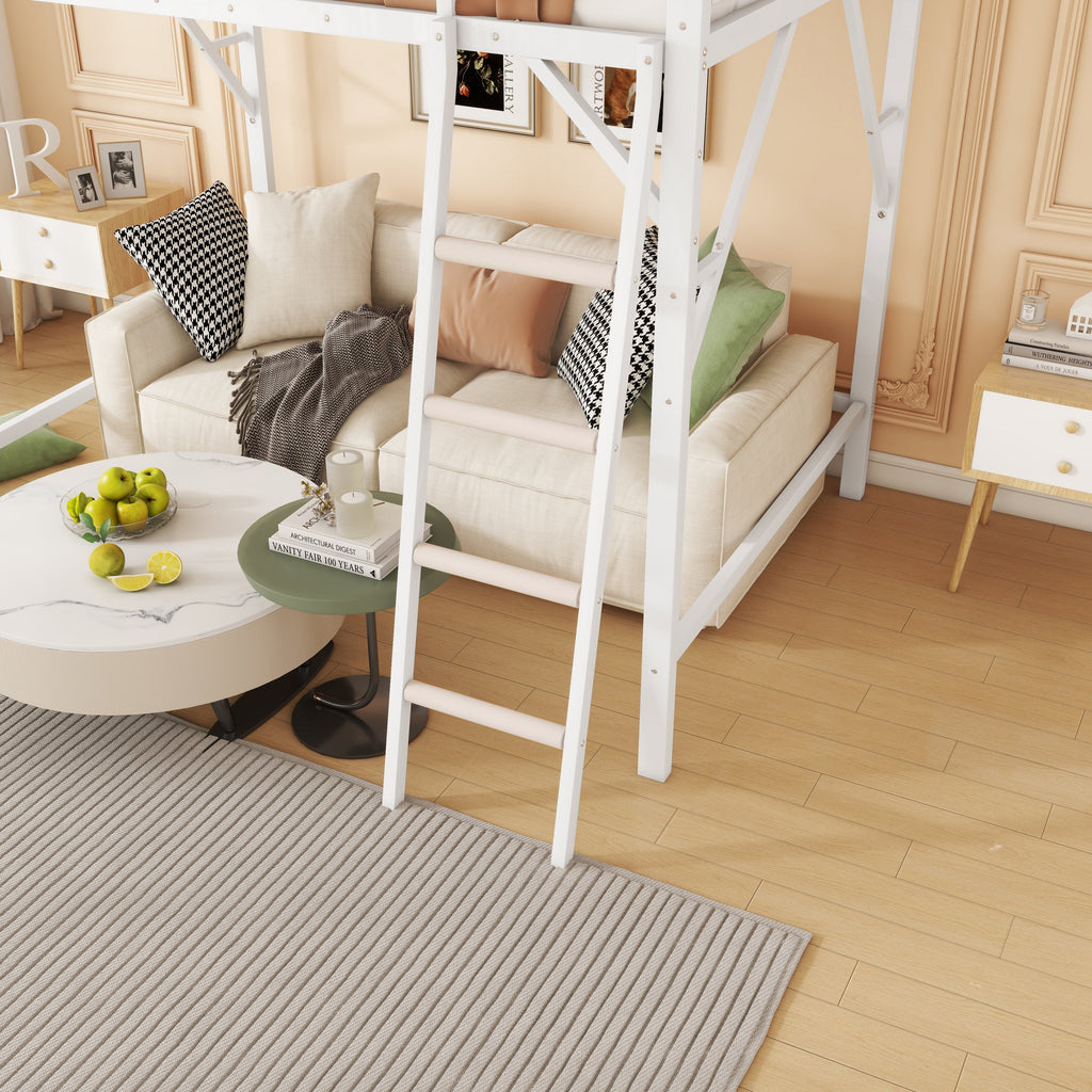 Queen Size Loft Bed with Ladder, Metal Queen Loft Bed with Storage Shelves, High Loft Bed for Kids Teens, White(Expect Arrival Date 2025/12/3  Old SKU W2580P351278)