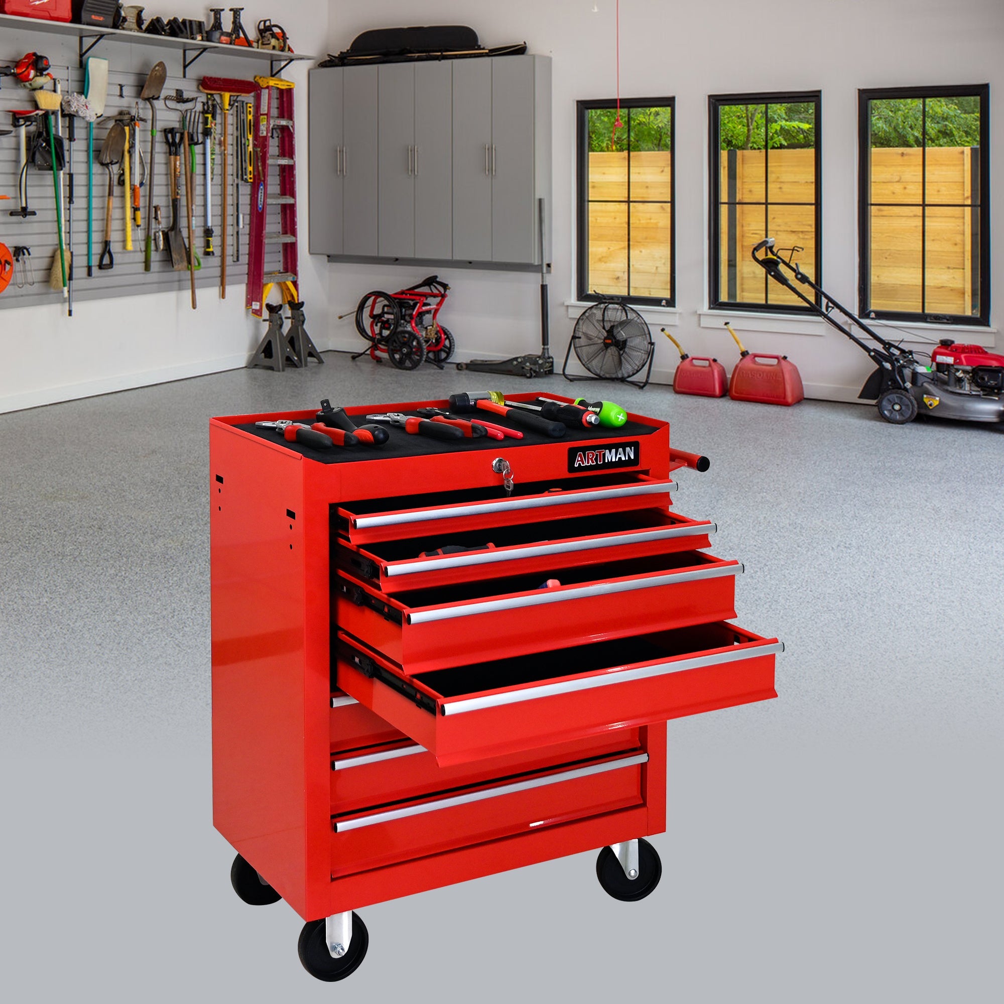 7 DRAWERS MULTIFUNCTIONAL TOOL CART WITH WHEELS-RED