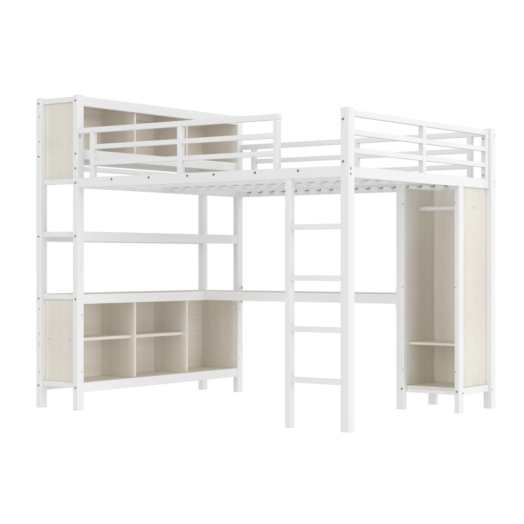 Metal Loft Bed with Wardrobe And L-shaped Desk, Queen Size Loft Bed with Storage Cubes and Shelves, Heavy Duty Loft Bed for Kids Teens Adults, White Wood-grain