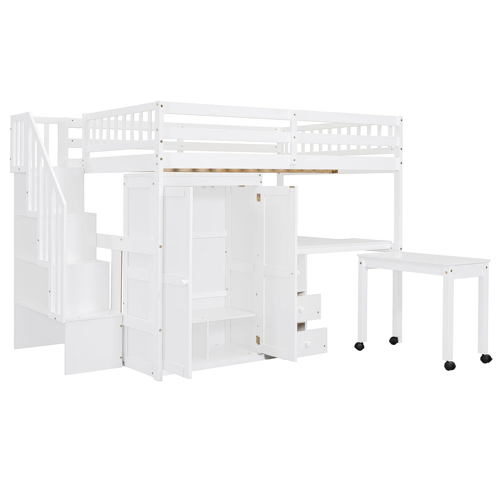 Full Size Loft Bed with Stairs, Bookshelf, Drawers, Desk & Wardrobe – Space-Saving Multifunctional Furniture for Kids & Teens-White