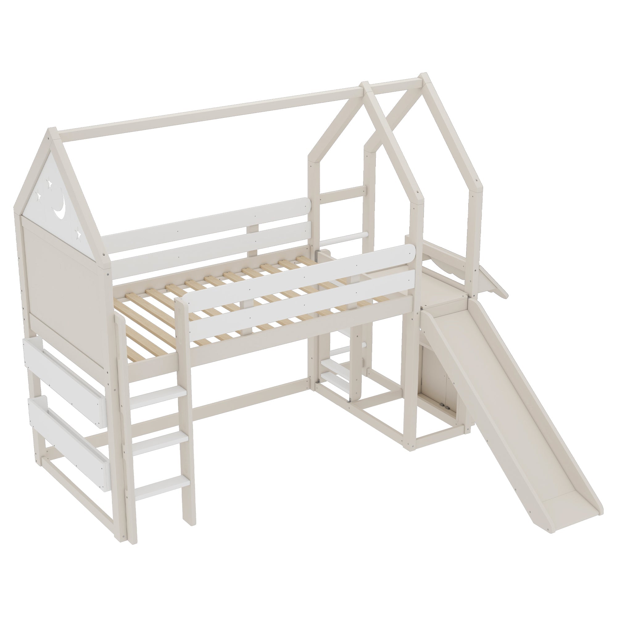 Twin Size Loft Bed with Bookshelf Playful Design for Kids House-Shaped Structure with Slide High-Quality Safety Rails,Beige