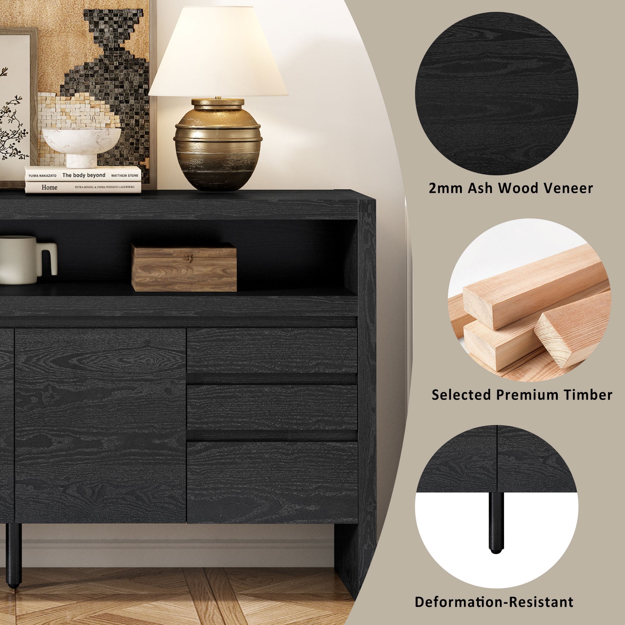 U_Style 60' 3-Door Sideboard with 3 Drawers - Modern Solid Ash Veneer MDF Sideboard, Semi-Open Shelf & Center Semi-Circular Cutout in Back Panel, Large Storage Cabinet for Living Room, Hallway, Dining