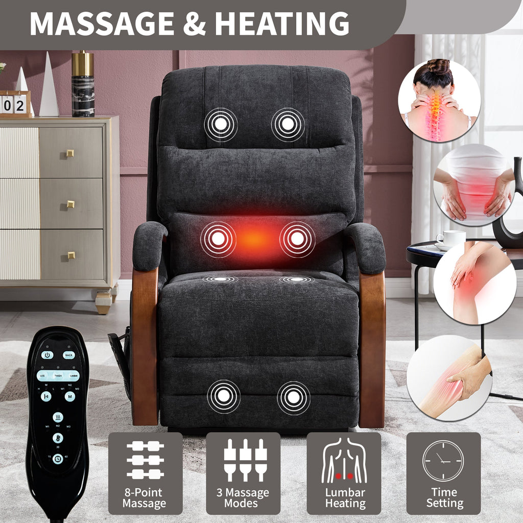 Power Black Chenille Lift Recliner Chair Dual Motor Infinite Position Up to 350 LBS with Solid Wood Armrests, Heat Massage and Heavy Duty Motion Mechanism