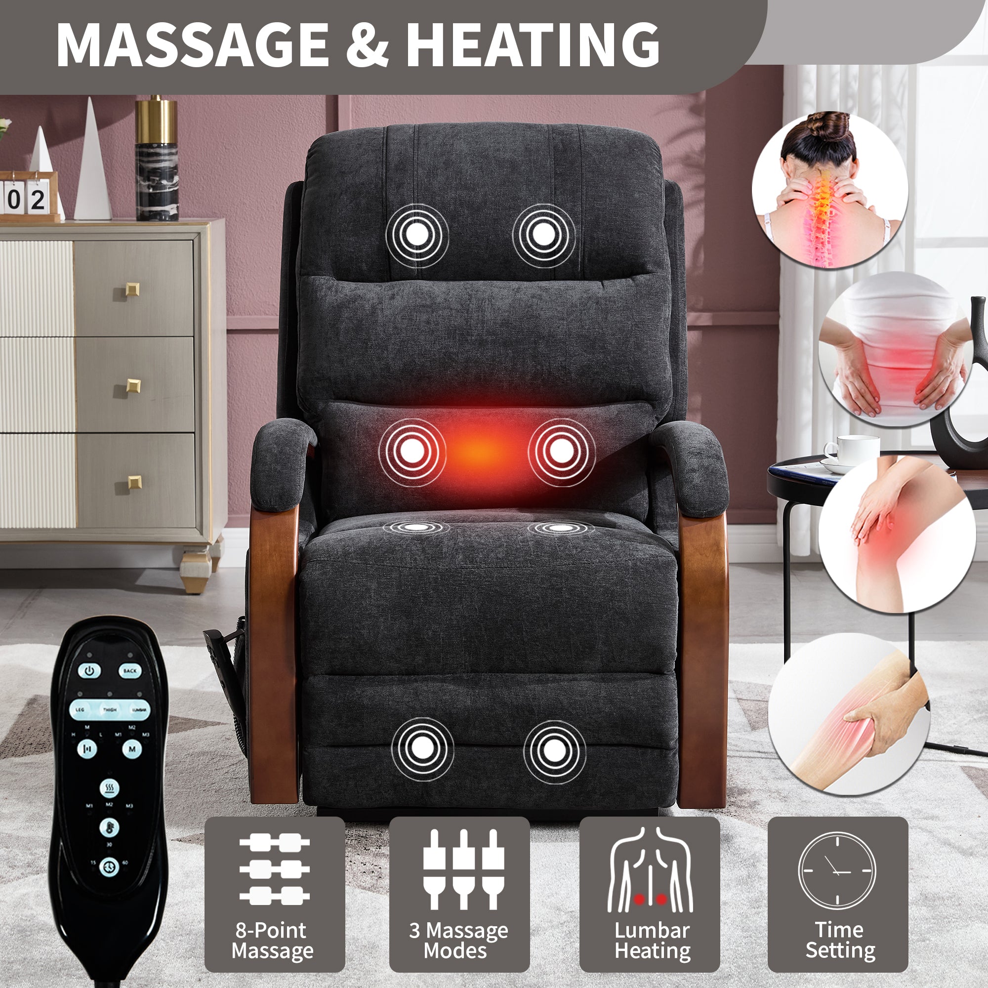 Power Black Chenille Lift Recliner Chair Dual Motor Infinite Position Up to 350 LBS with Solid Wood Armrests, Heat Massage and Heavy Duty Motion Mechanism