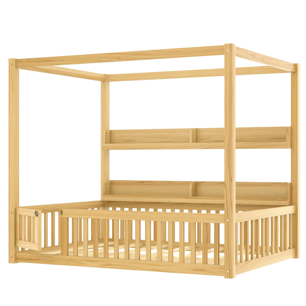 Full Size Canopy Bed with Guardrails, Solid Wood Floor Bed with Shelves, Montessori Floor Bed Frame for Kids, Boys, Girls, No Spring Box Needed, Natural