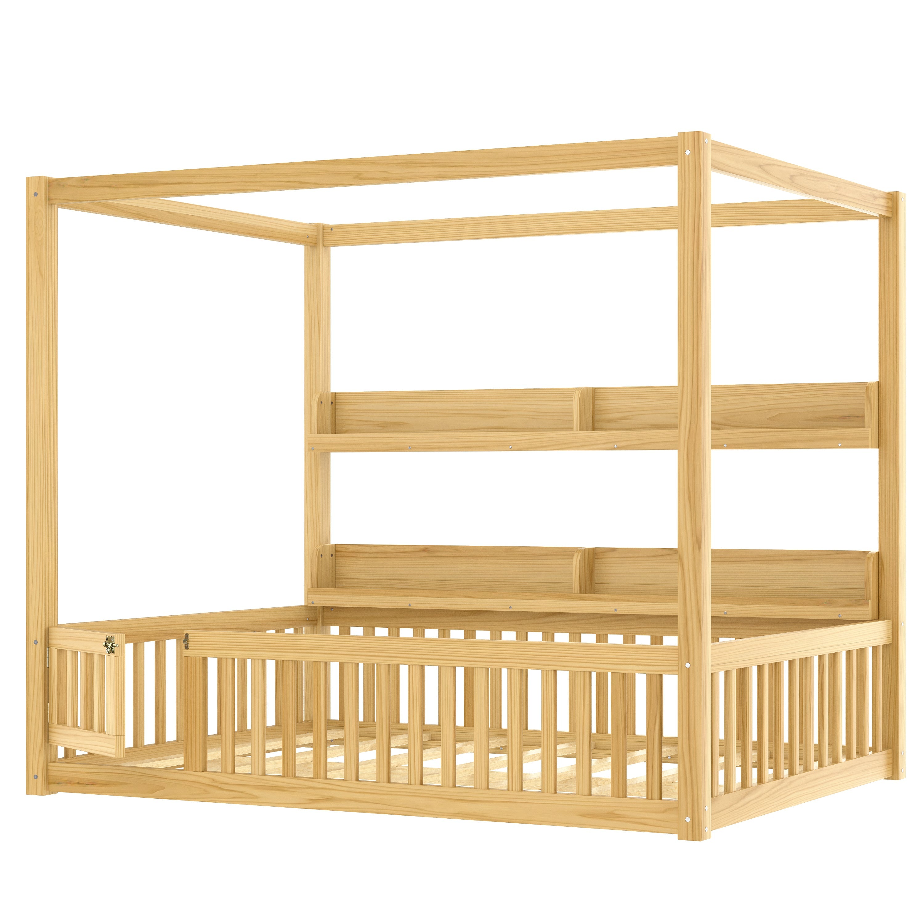 Full Size Canopy Bed with Guardrails, Solid Wood Floor Bed with Shelves, Montessori Floor Bed Frame for Kids, Boys, Girls, No Spring Box Needed, Natural