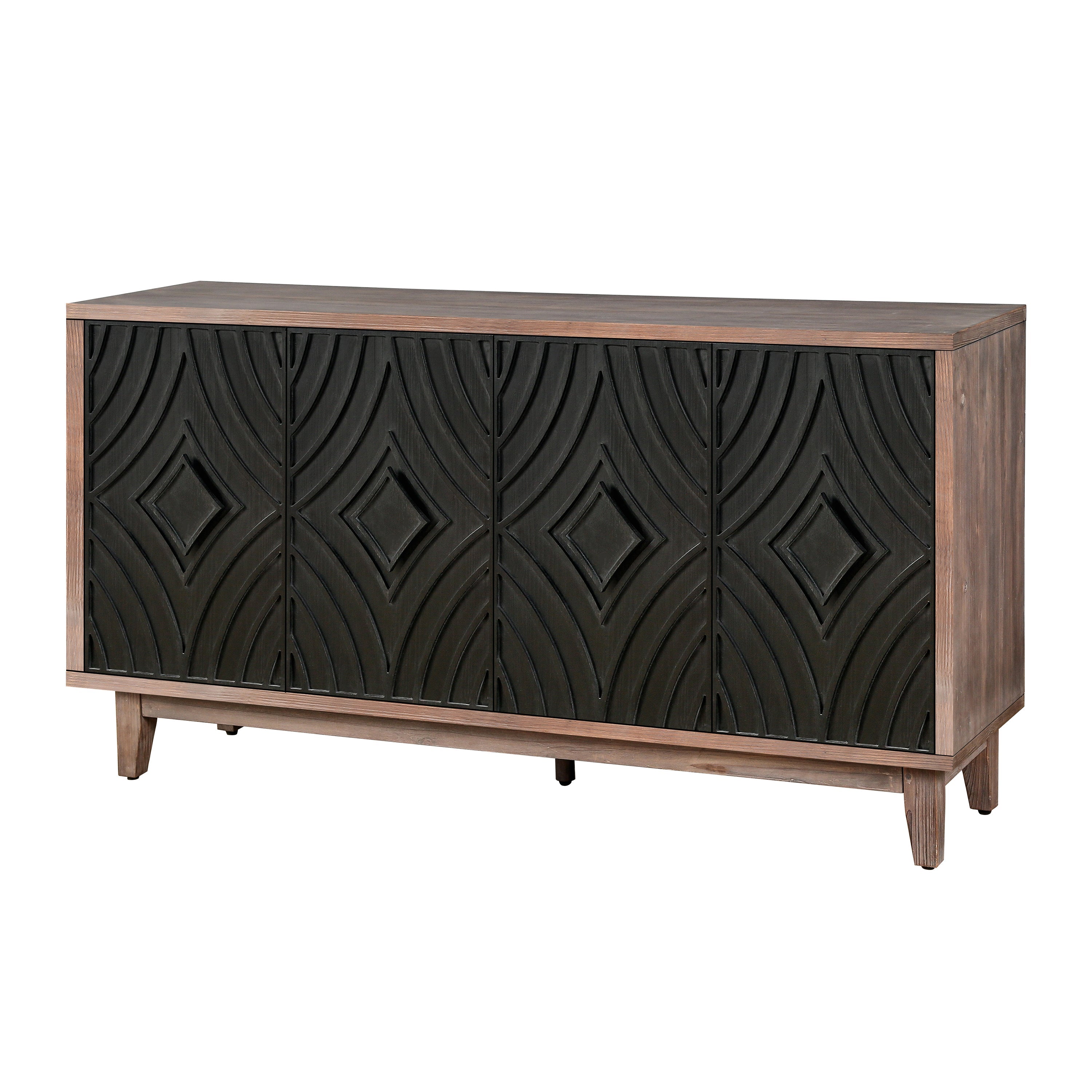 Mid Century Sideboard Buffet Cabinet with Solid Wood Legs 60" Kitchen Storage Cabinet Credenza with 4 Convex pattern diamond Doors and 2 Shelves Accent Console Table for Living Room Entrance Hall etc