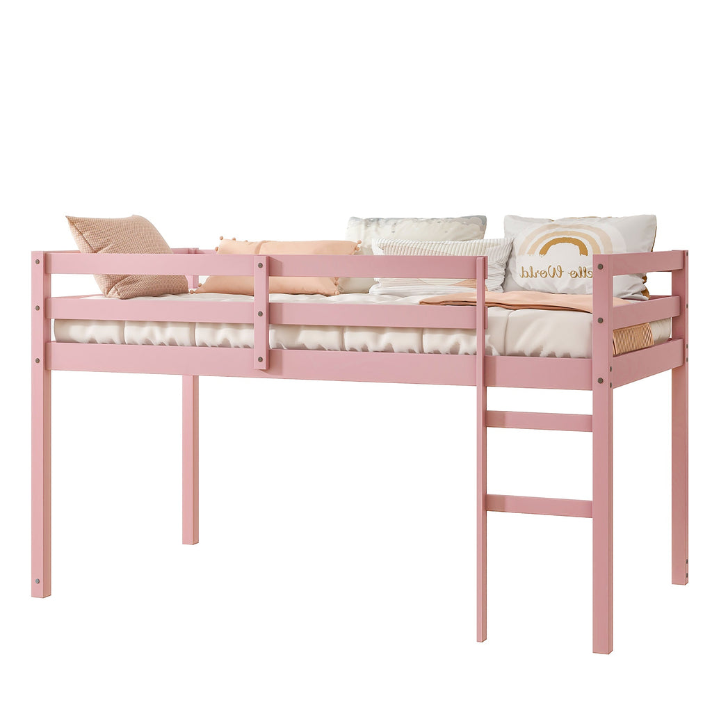 Solid Wooden, Rubber Wooden Twin Loft Bed with Ladder, Bed Platform of Strengthened Slats, Pink
