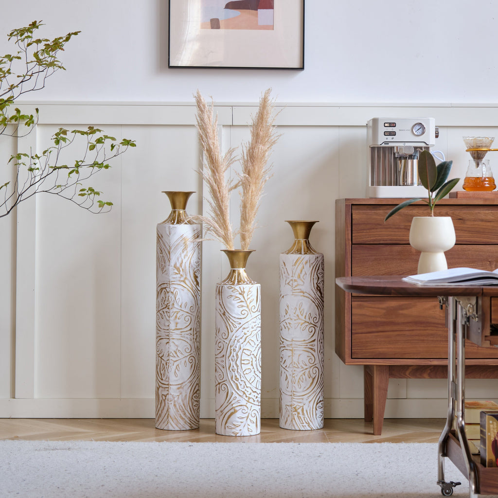 Floor Metal Vases Decorated White Metal Vases Set of 3 Gorgeous Home Decoration Large Glazed Metal Vases 24in/28.7in/33.5in Height