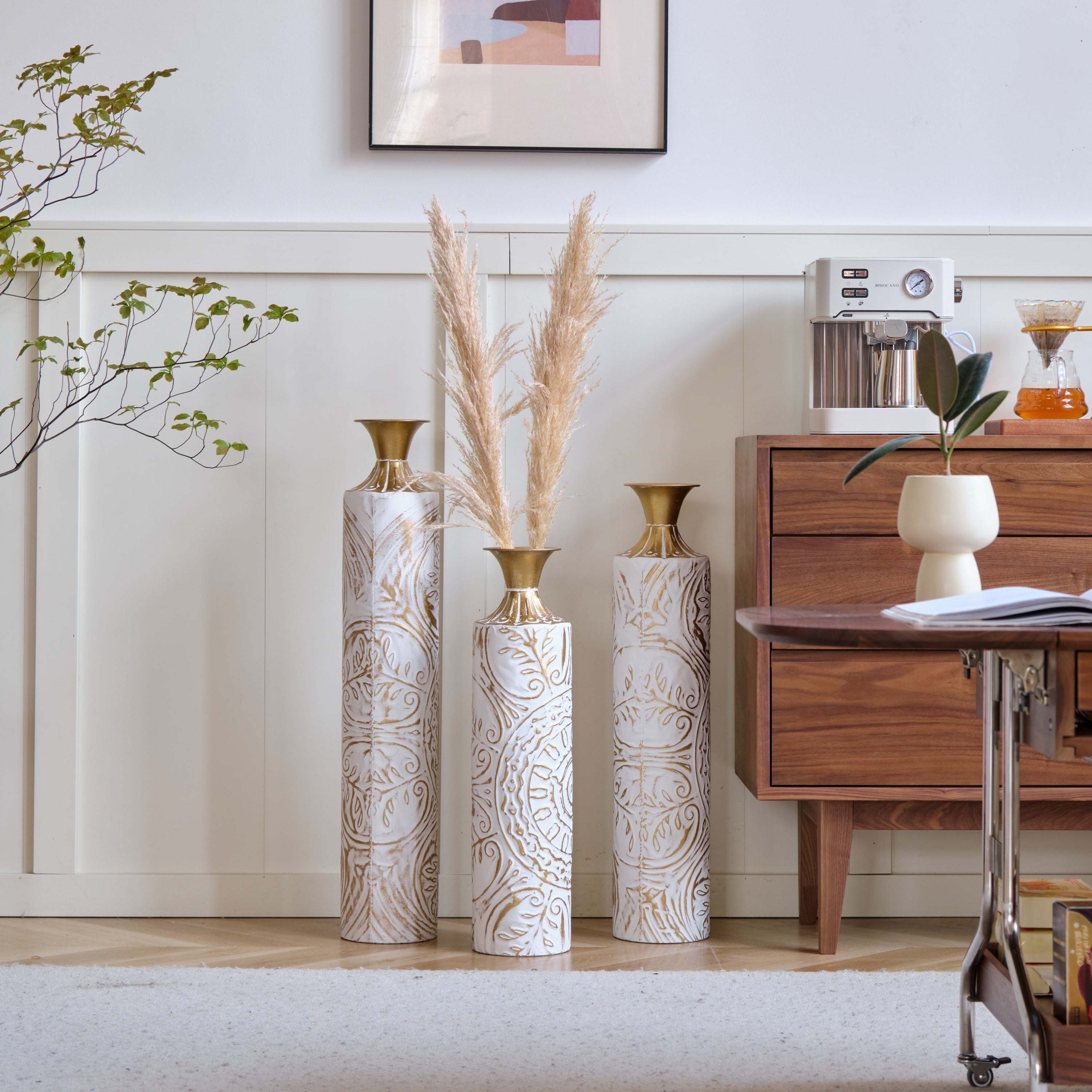 Floor Metal Vases Decorated White Metal Vases Set of 3 Gorgeous Home Decoration Large Glazed Metal Vases 24in/28.7in/33.5in Height