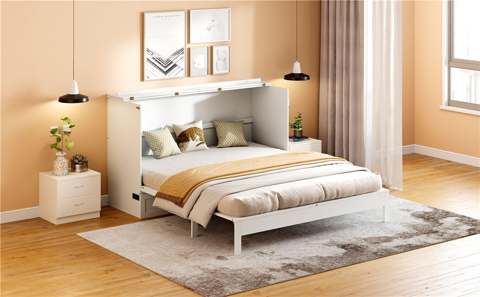 Queen Size Murphy Bed with Large Drawers, White