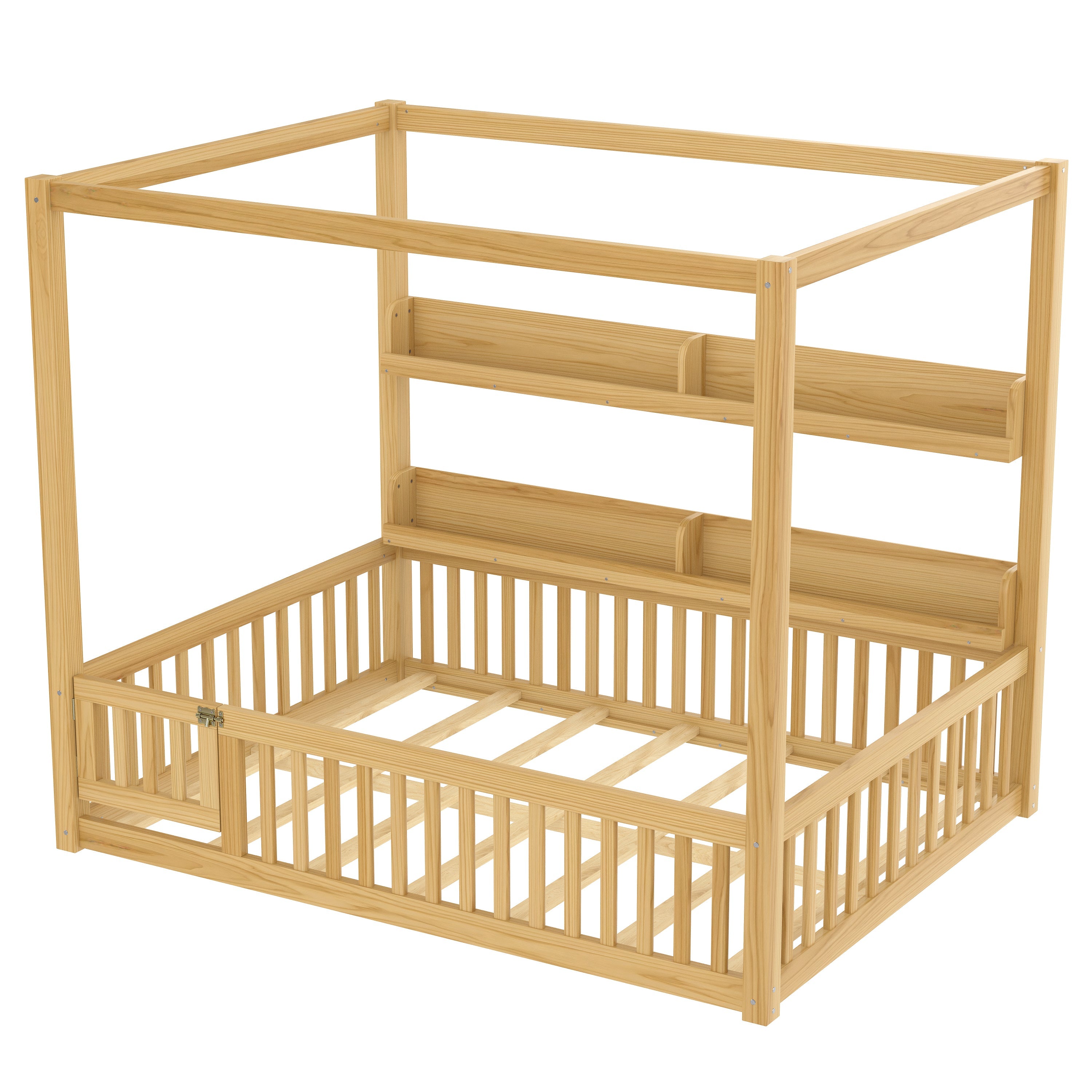 Full Size Canopy Bed with Guardrails, Solid Wood Floor Bed with Shelves, Montessori Floor Bed Frame for Kids, Boys, Girls, No Spring Box Needed, Natural