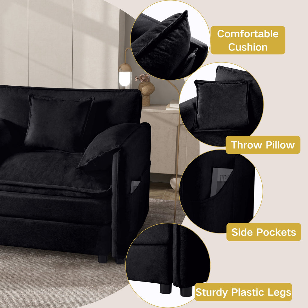 Deep Seat Sectional Cloud Sofa with 2 Ottomans & Soft Pillows, Loveseat Modular Couch for Living Room, Apartment,DIY Combination,Black